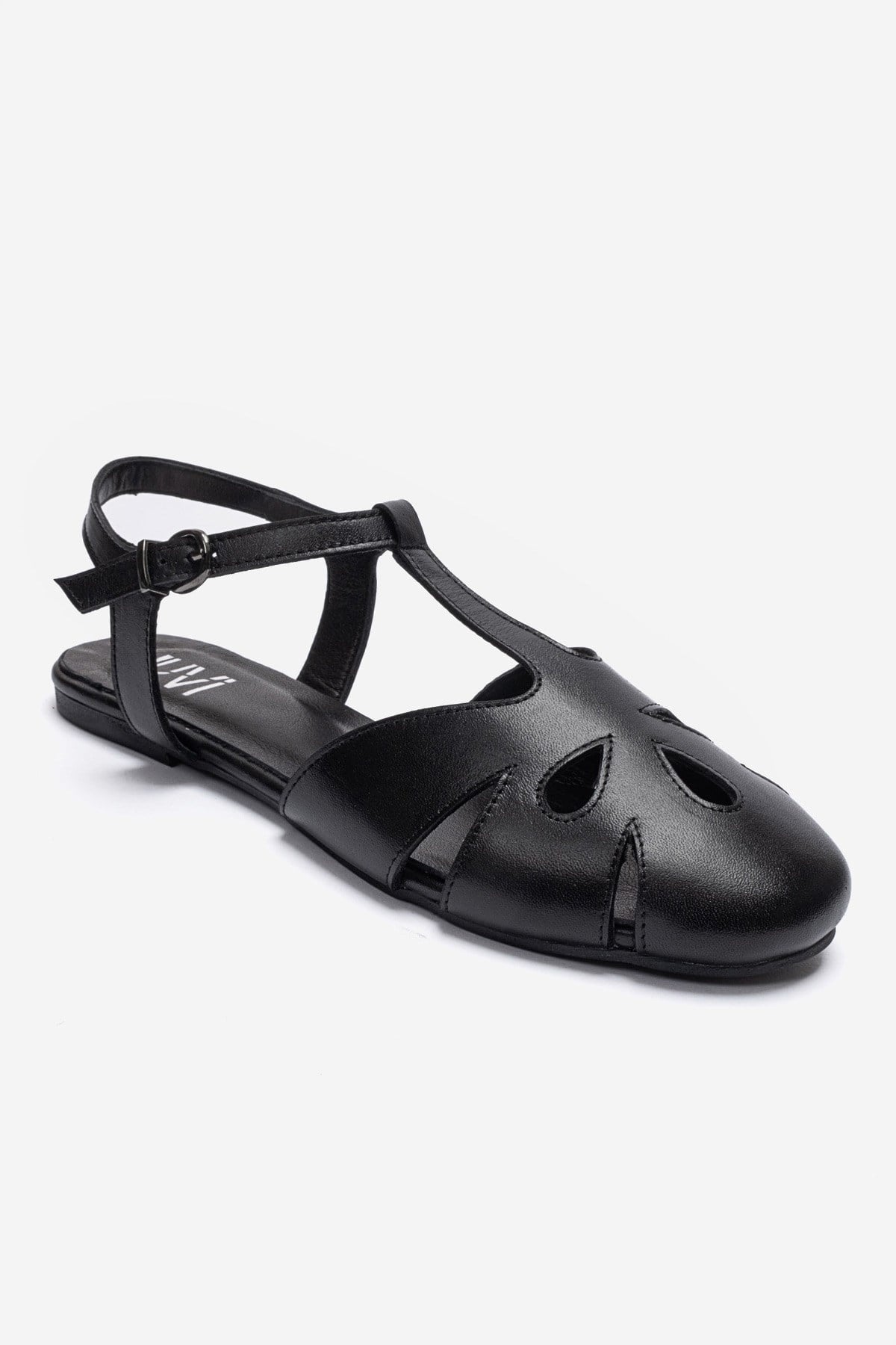 NATHALIE - Black Genuine Leather Ankle-Strap Flat Sandal (Women)