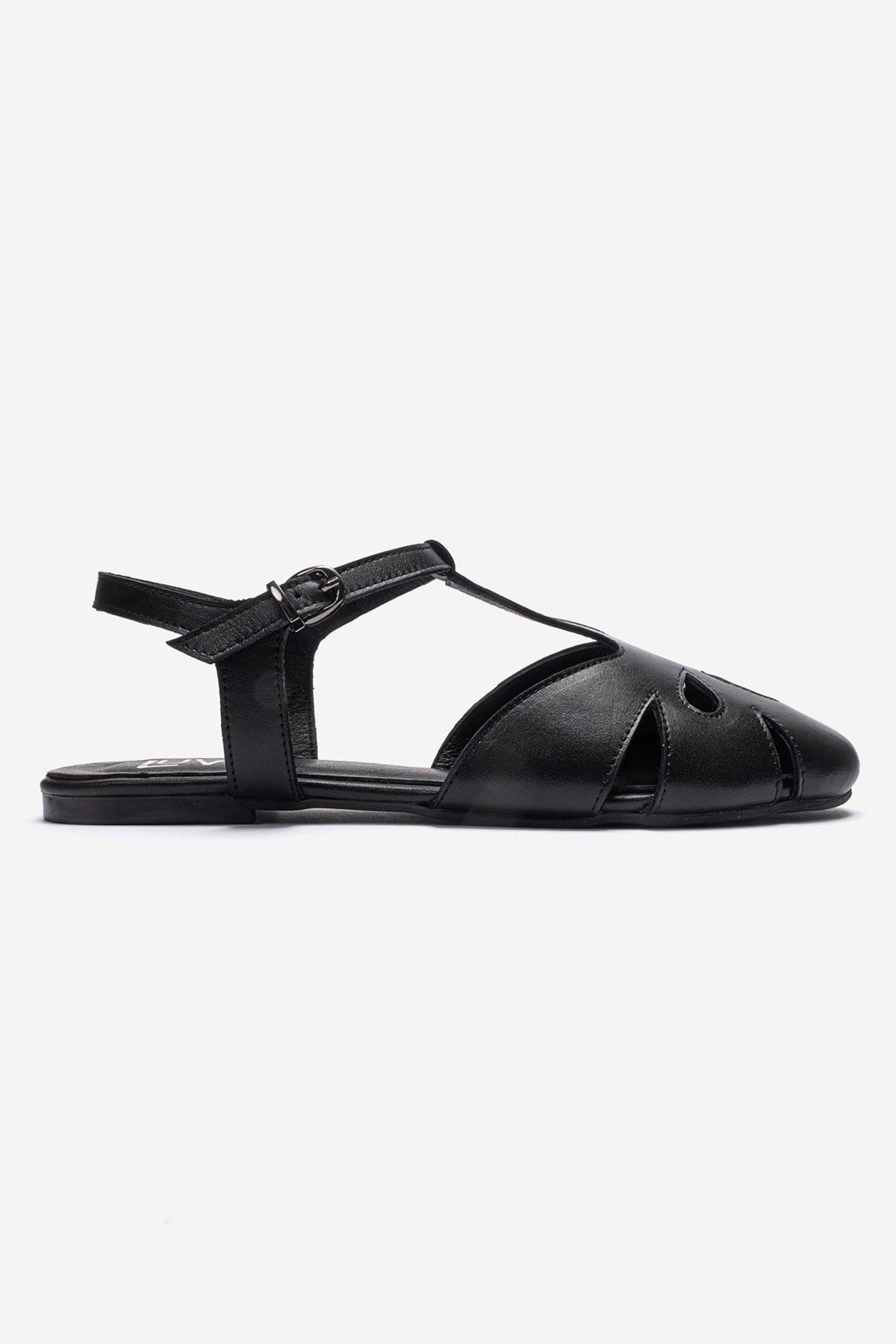 NATHALIE - Black Genuine Leather Ankle-Strap Flat Sandal (Women)