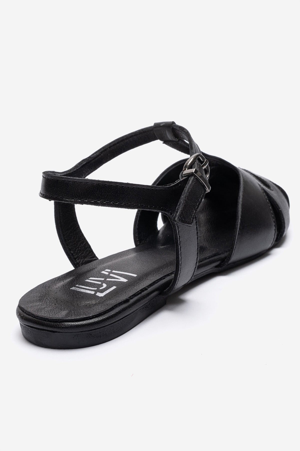 NATHALIE - Black Genuine Leather Ankle-Strap Flat Sandal (Women)