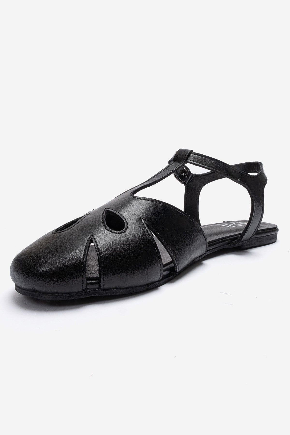 NATHALIE - Black Genuine Leather Ankle-Strap Flat Sandal (Women)