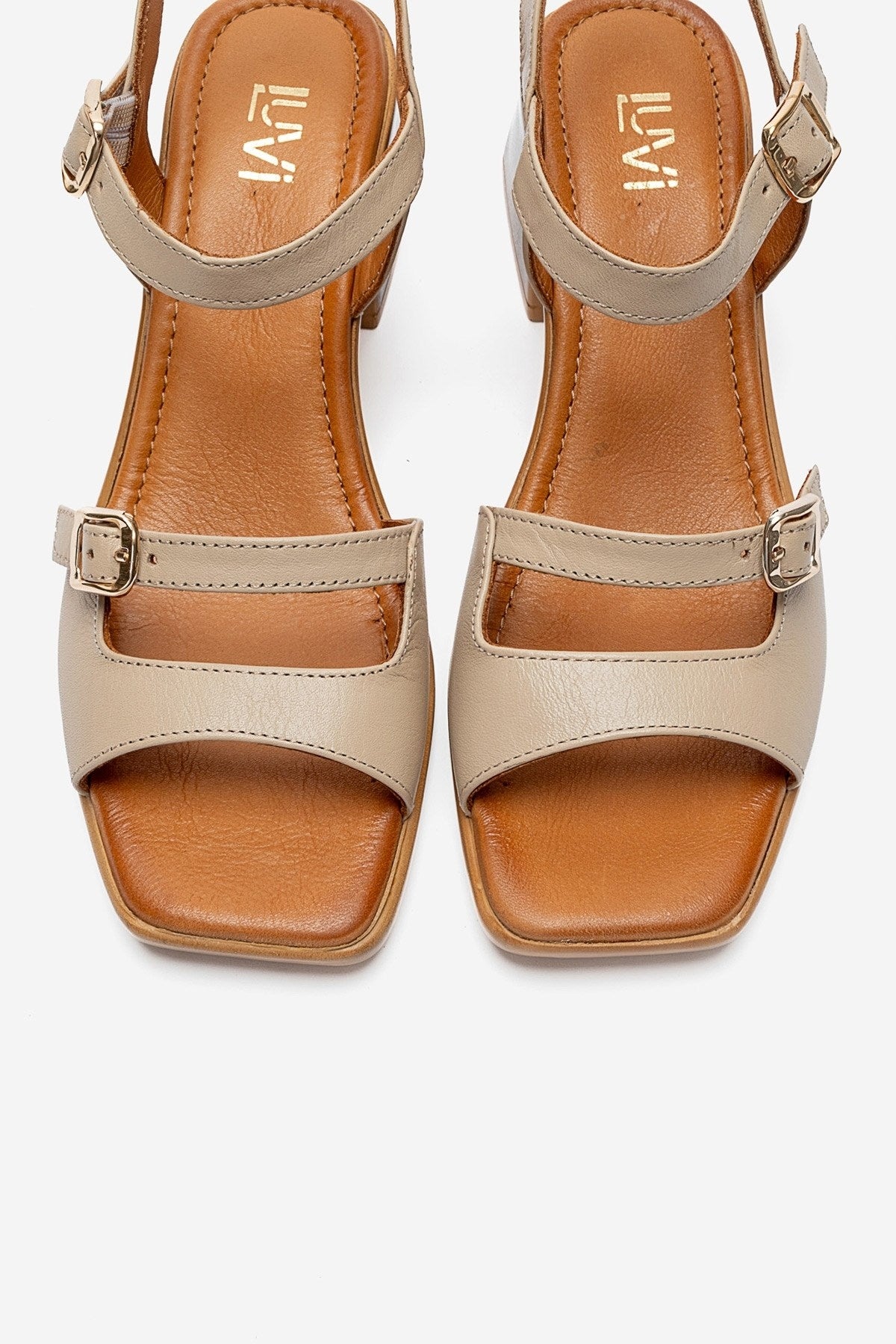 Yolen - Beige Genuine Leather Block Heel Sandal (Women)