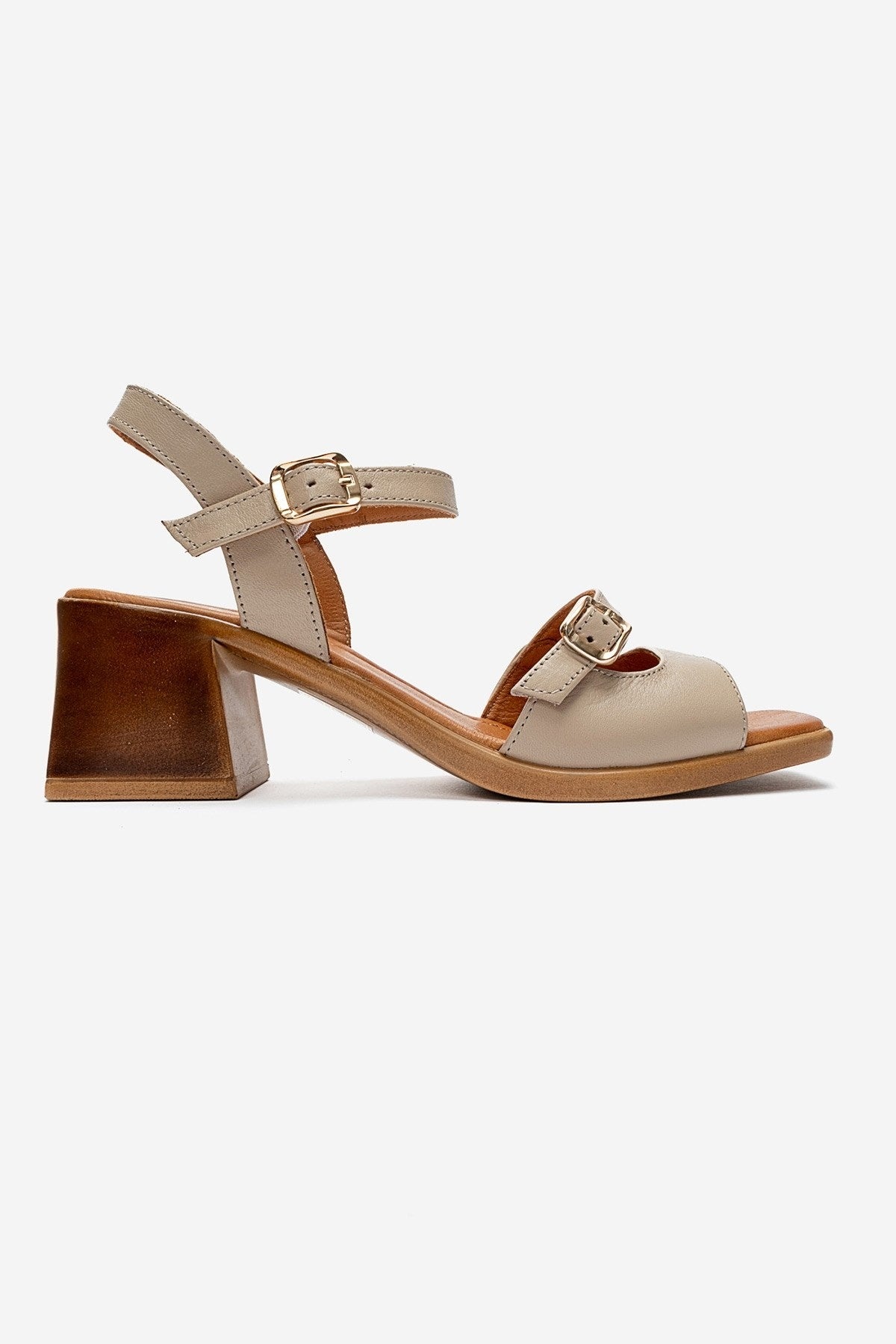 Yolen - Beige Genuine Leather Block Heel Sandal (Women)