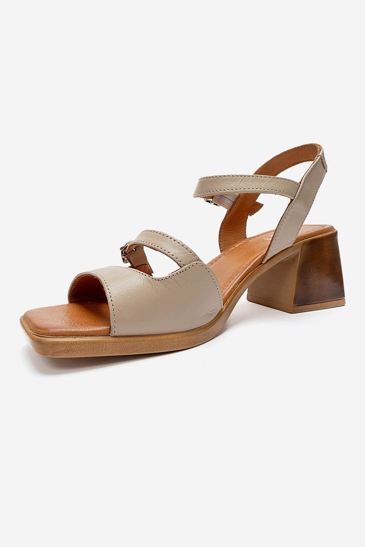Yolen - Beige Genuine Leather Block Heel Sandal (Women)