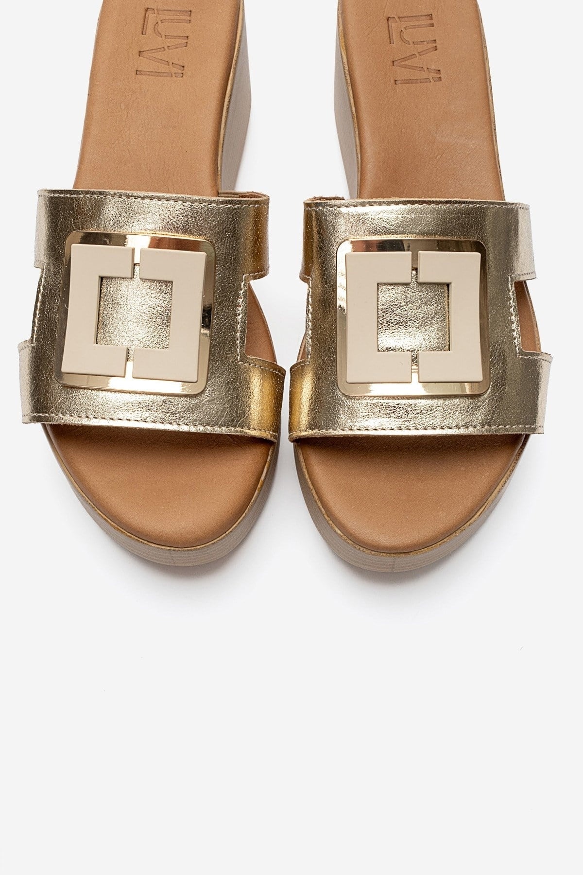 HIOLA - Gold Genuine Leather Buckle Wedge Slide (Women)