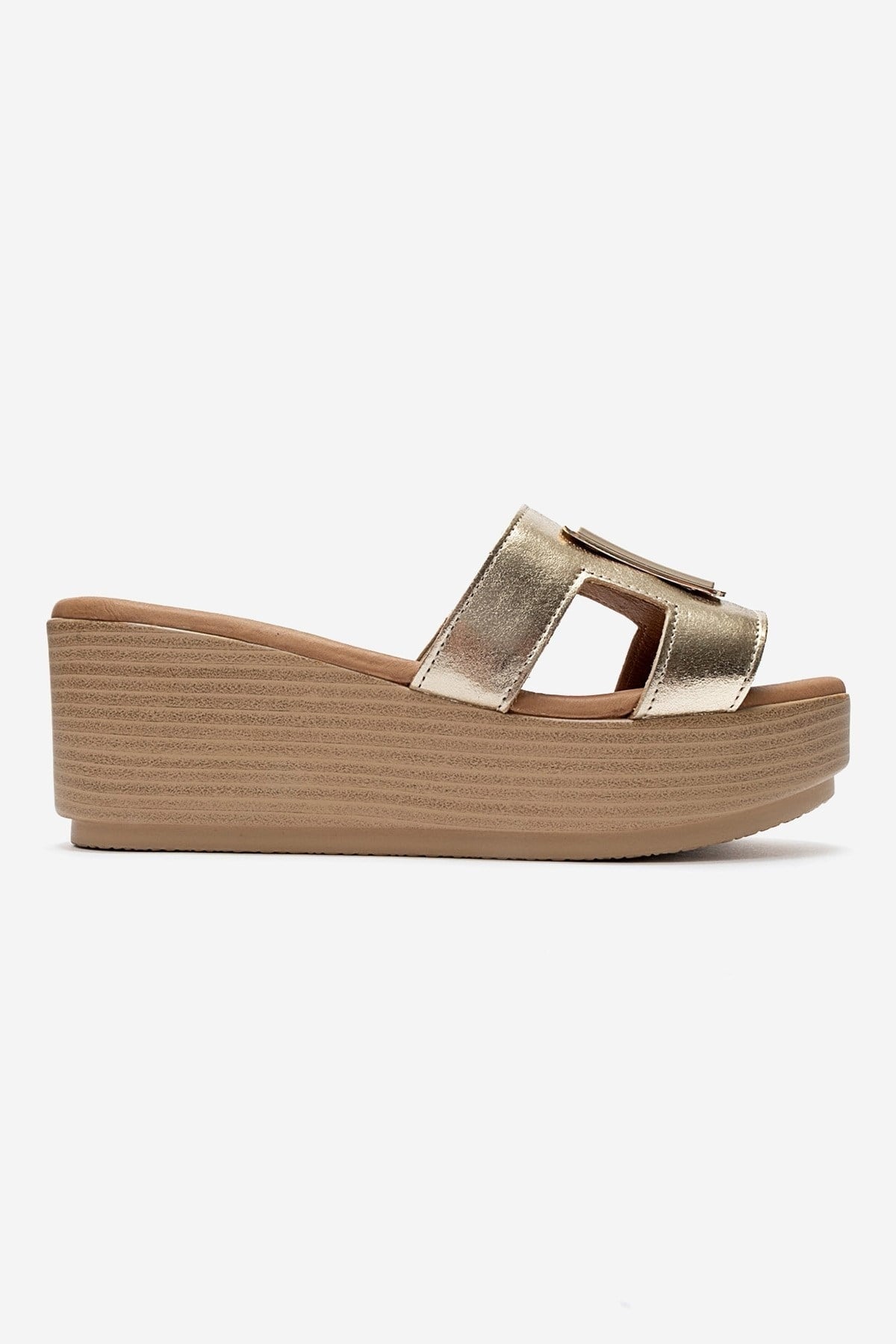 HIOLA - Gold Genuine Leather Buckle Wedge Slide (Women)