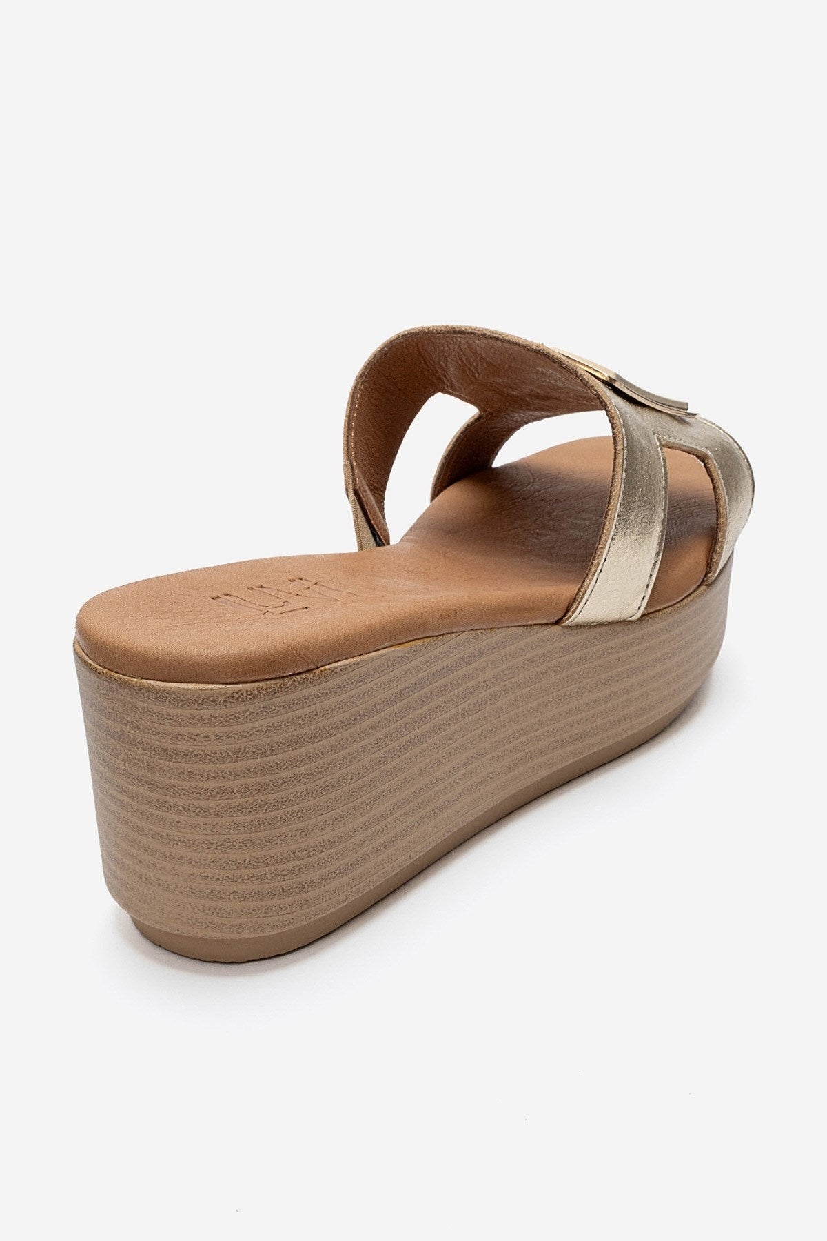 HIOLA - Gold Genuine Leather Buckle Wedge Slide (Women)