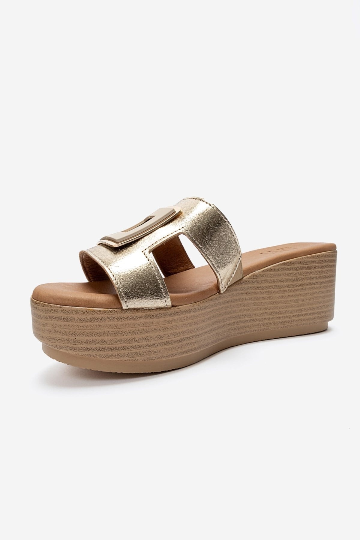 HIOLA - Gold Genuine Leather Buckle Wedge Slide (Women)