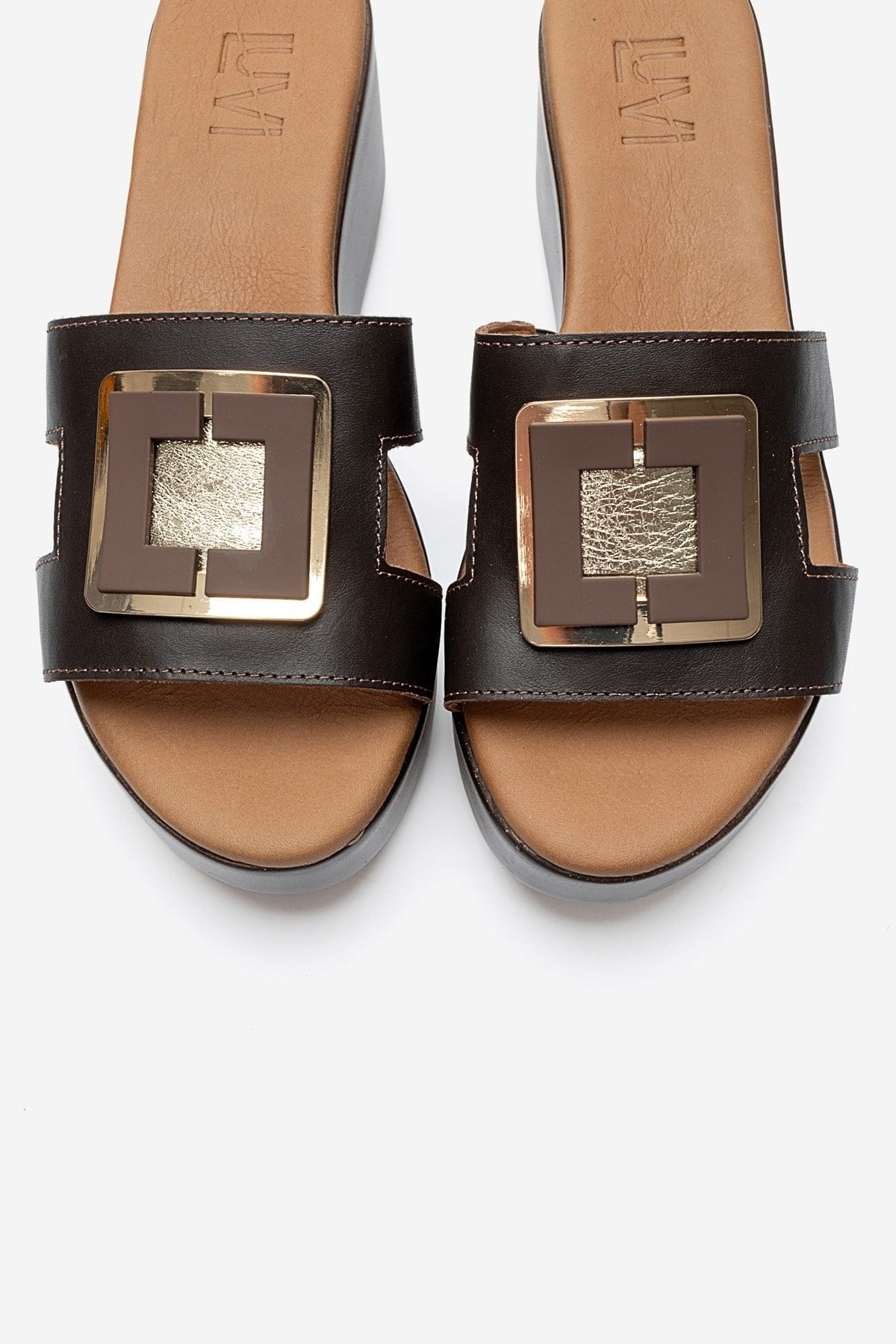HIOLA - Brown Genuine Leather Buckle Wedge Slide (Women)