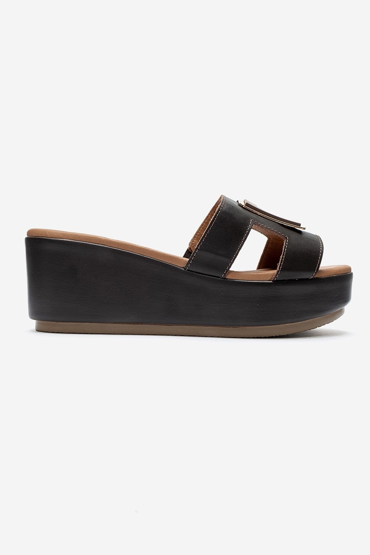 HIOLA - Brown Genuine Leather Buckle Wedge Slide (Women)