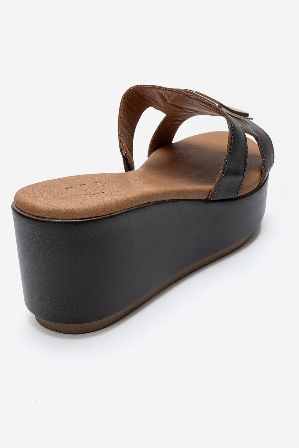HIOLA - Brown Genuine Leather Buckle Wedge Slide (Women)