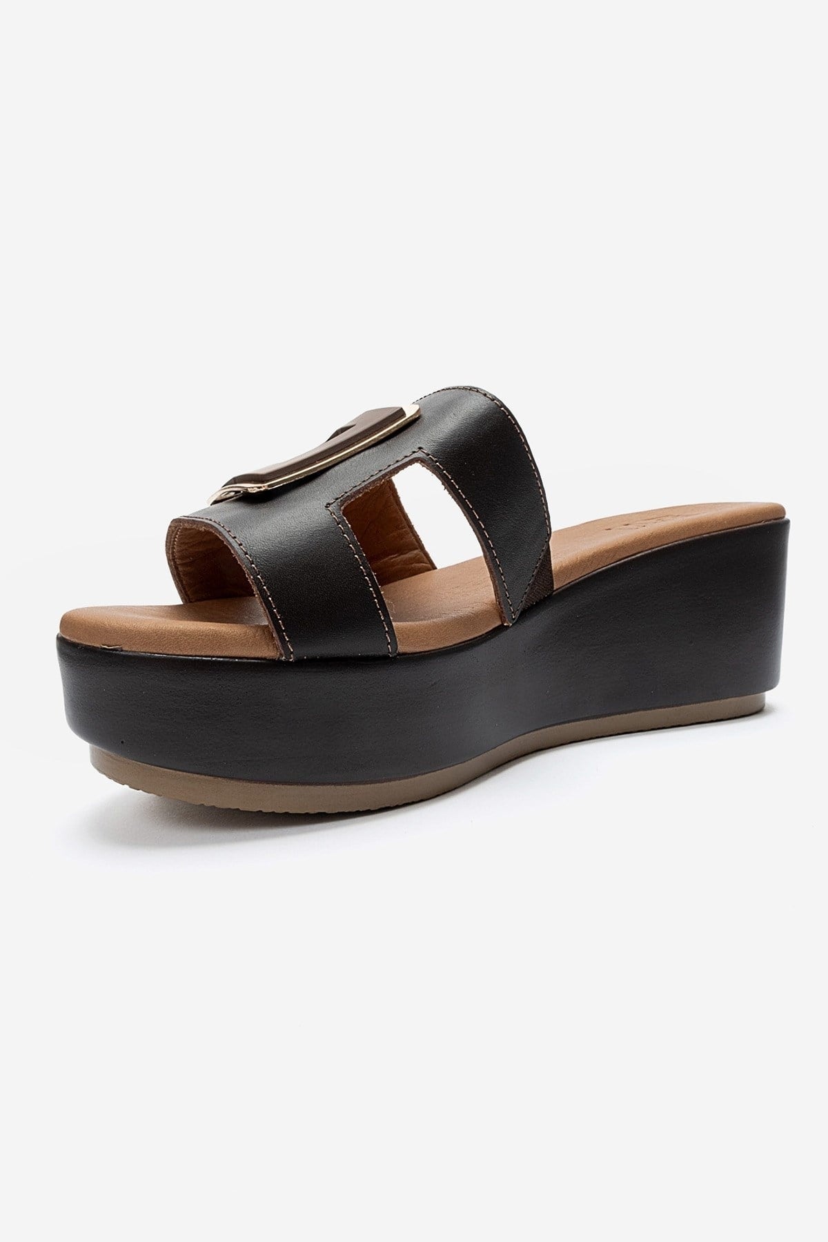 HIOLA - Brown Genuine Leather Buckle Wedge Slide (Women)