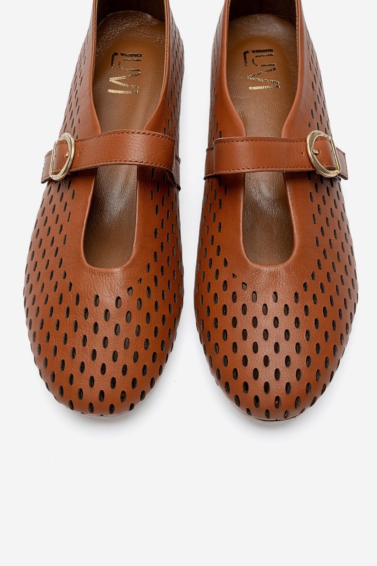 ARİAN - Cognac Genuine Leather Perforated Ballet Flat (Women)