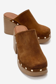 BELLUNE - Camel Genuine Leather Platform Block Heel Mule (Women)