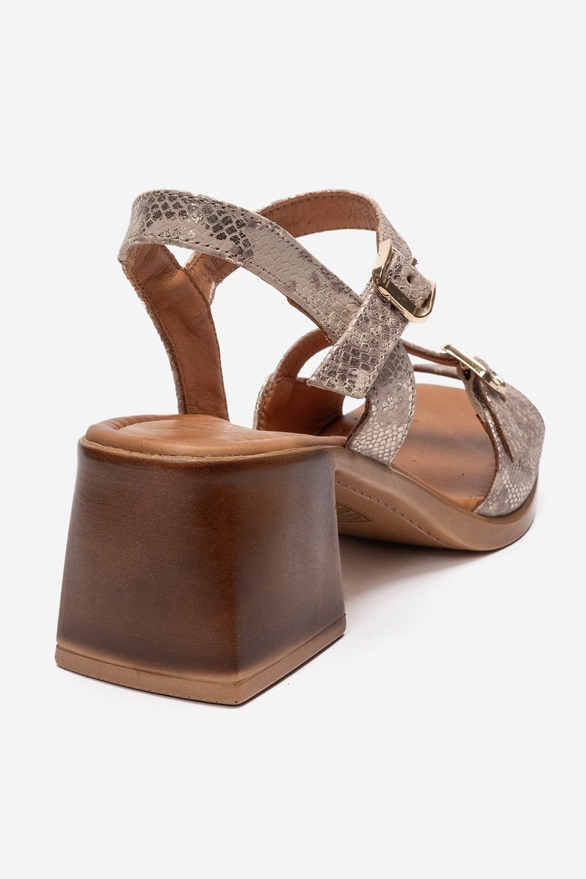 YOLEN - Beige Patterned Genuine Leather Block Heel Sandal (Women)