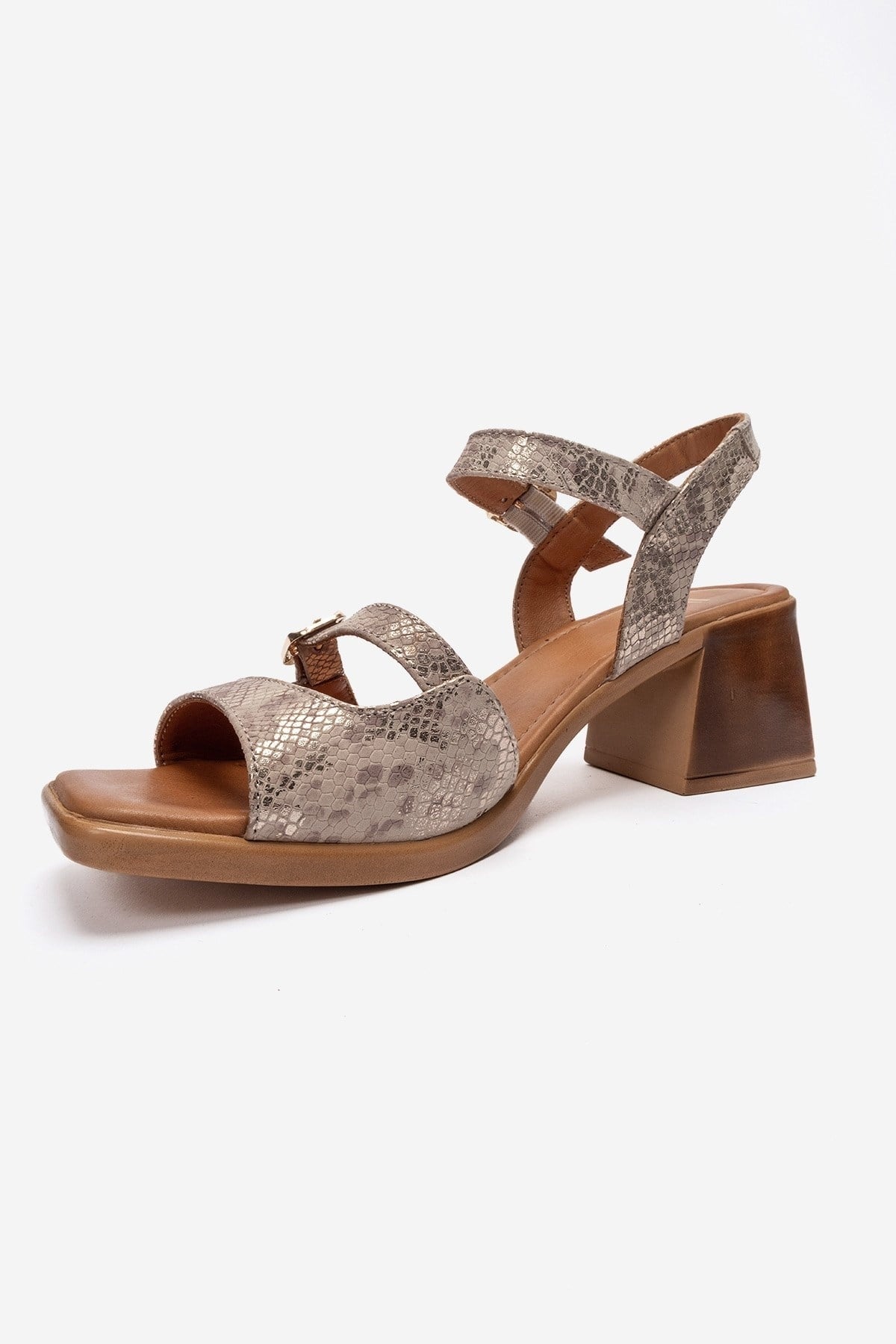 YOLEN - Beige Patterned Genuine Leather Block Heel Sandal (Women)