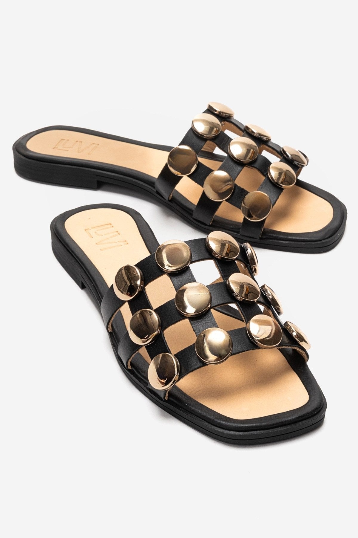 Bareon - Black Genuine Leather Buckled Band Slide (Women)
