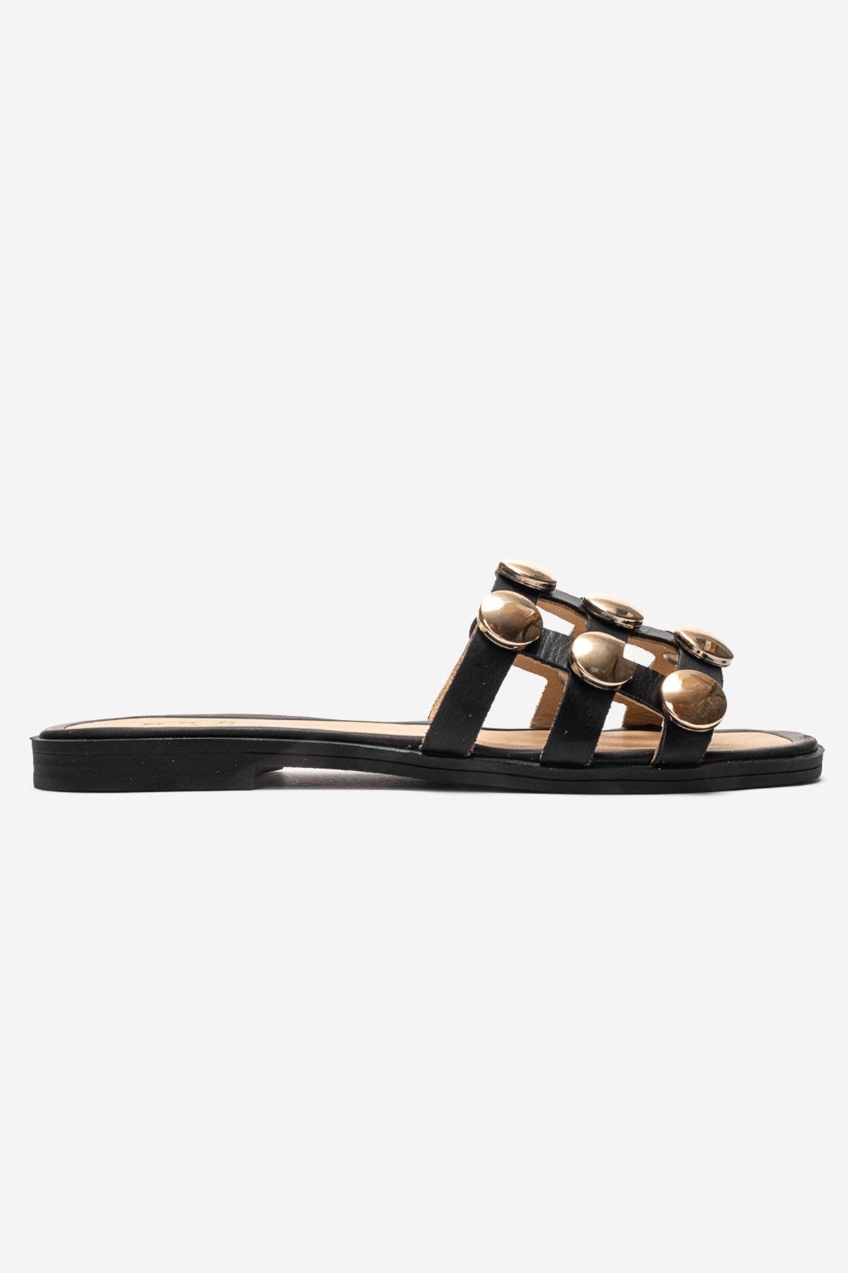 Bareon - Black Genuine Leather Buckled Band Slide (Women)