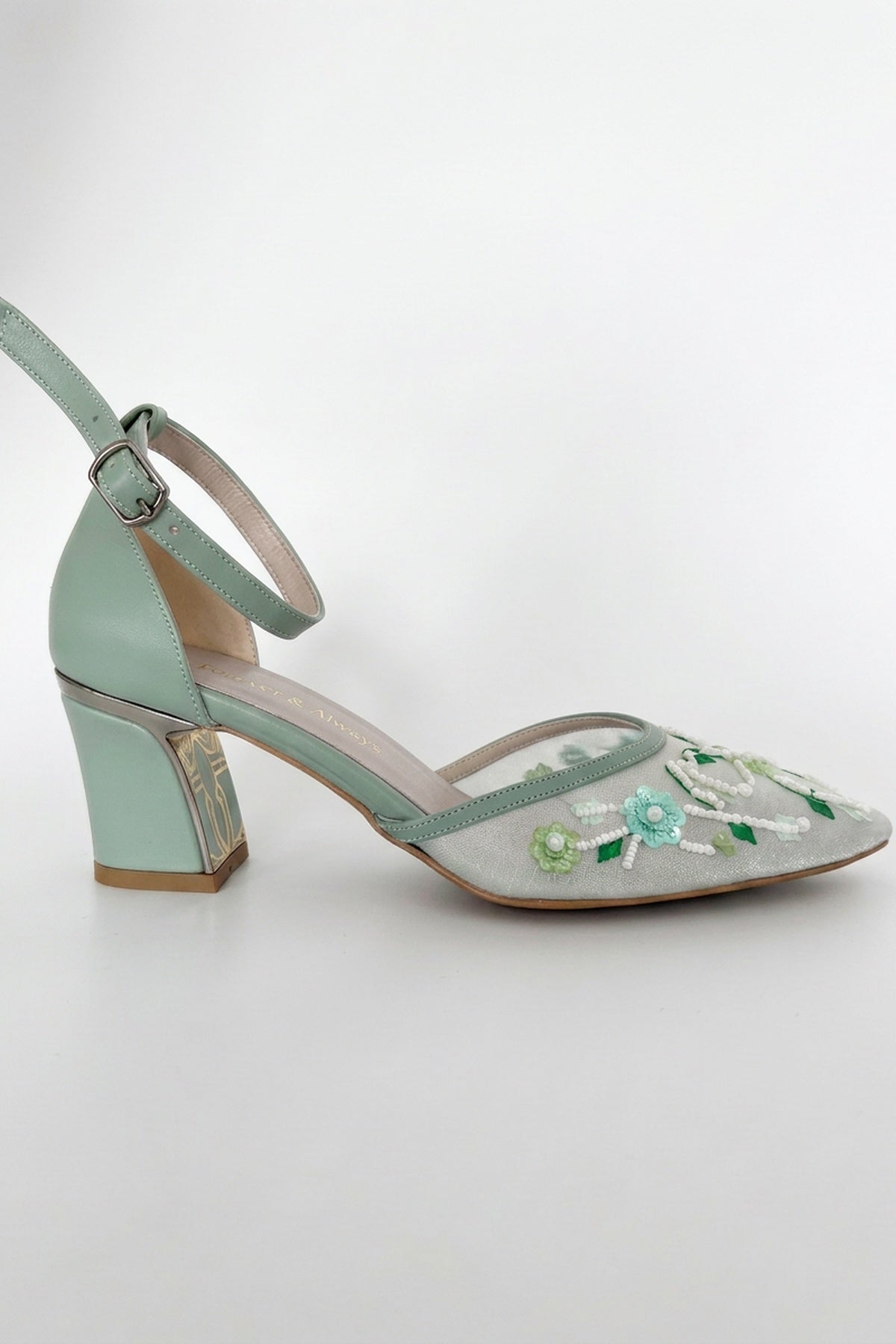 Lorelai Sage Green Embroidered Mesh Pumps