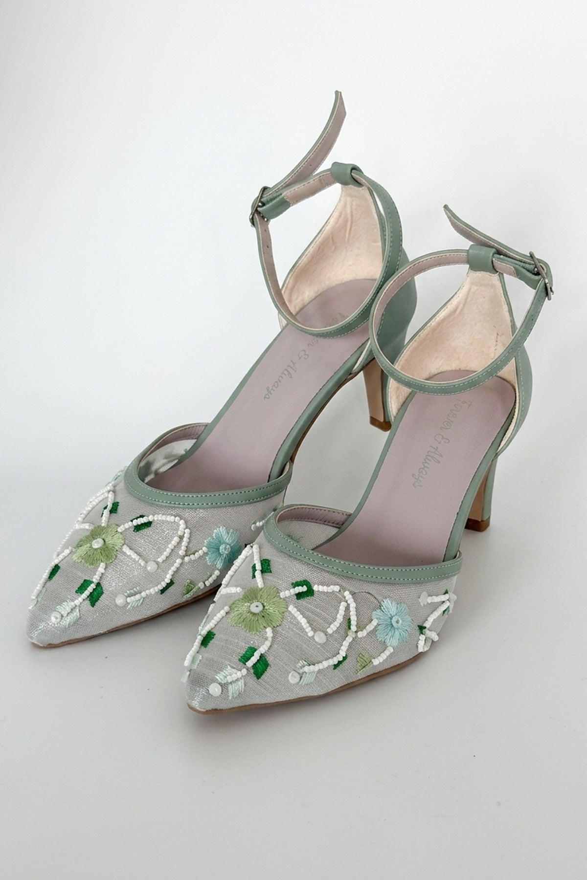 Lorelai Sage Green Embroidered Mesh Pumps