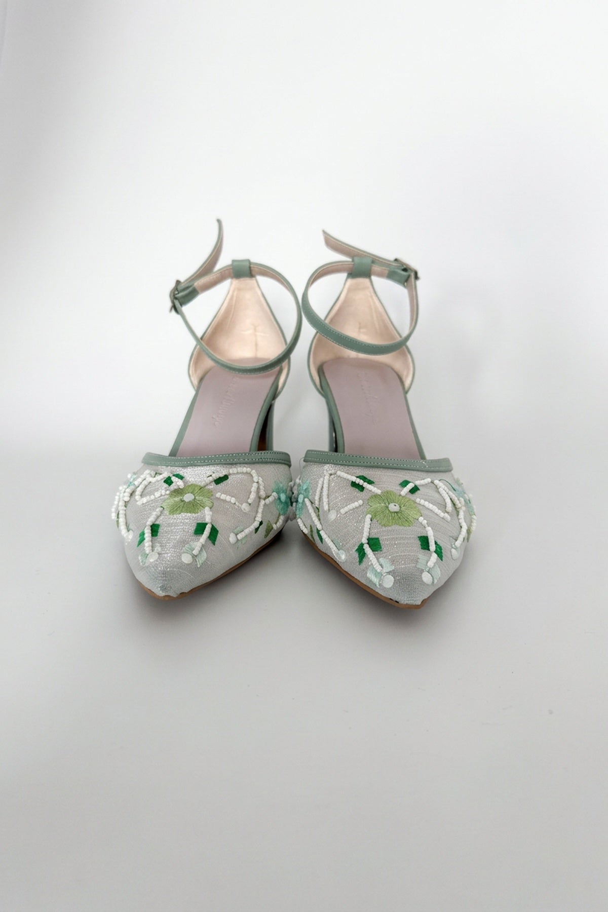 Lorelai Sage Green Embroidered Mesh Pumps
