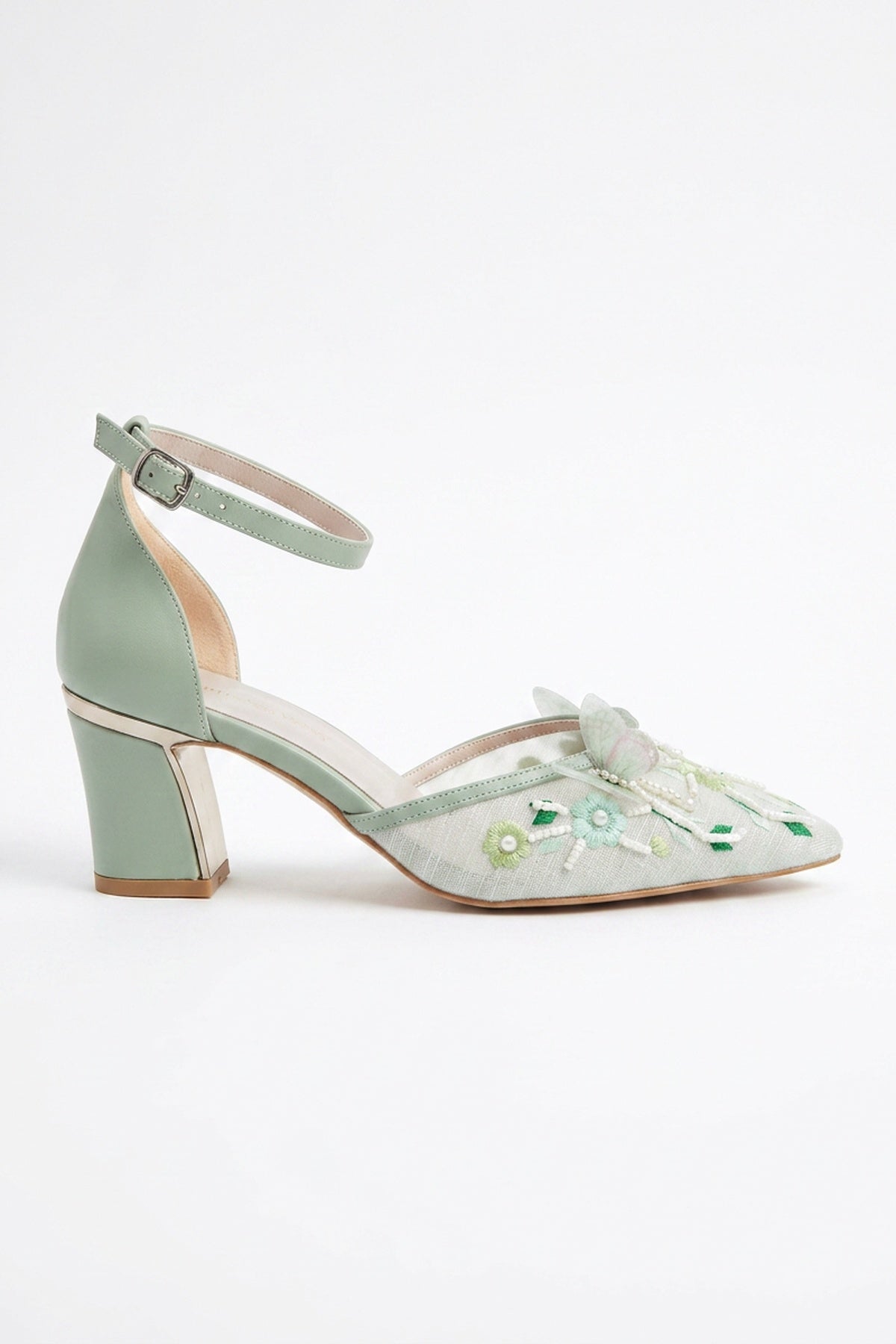 Iry Sage Green Butterfly Embroidered Mesh Pumps