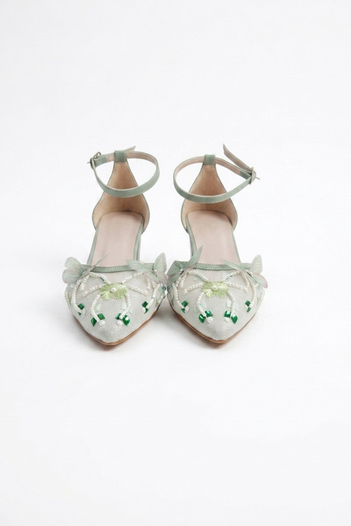 Iry Sage Green Butterfly Embroidered Mesh Pumps