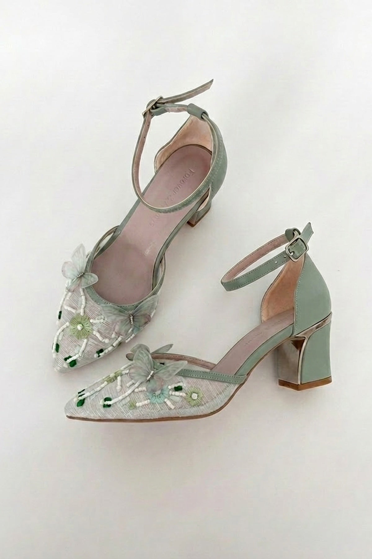 Iry Sage Green Butterfly Embroidered Mesh Pumps