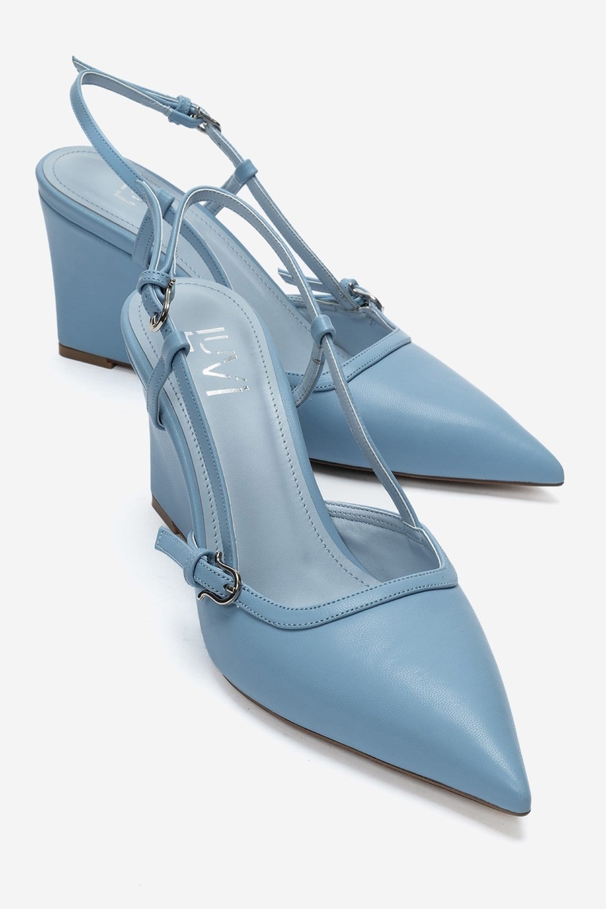 CELIA - Blue Pointed Toe Wedge Heel Shoe (Women)