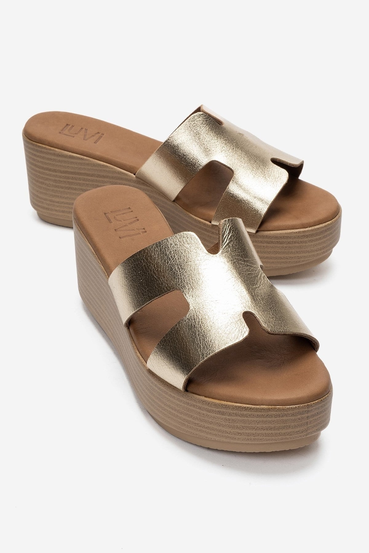 LIA - Gold Genuine Leather Wedge Heel Slide (Women)