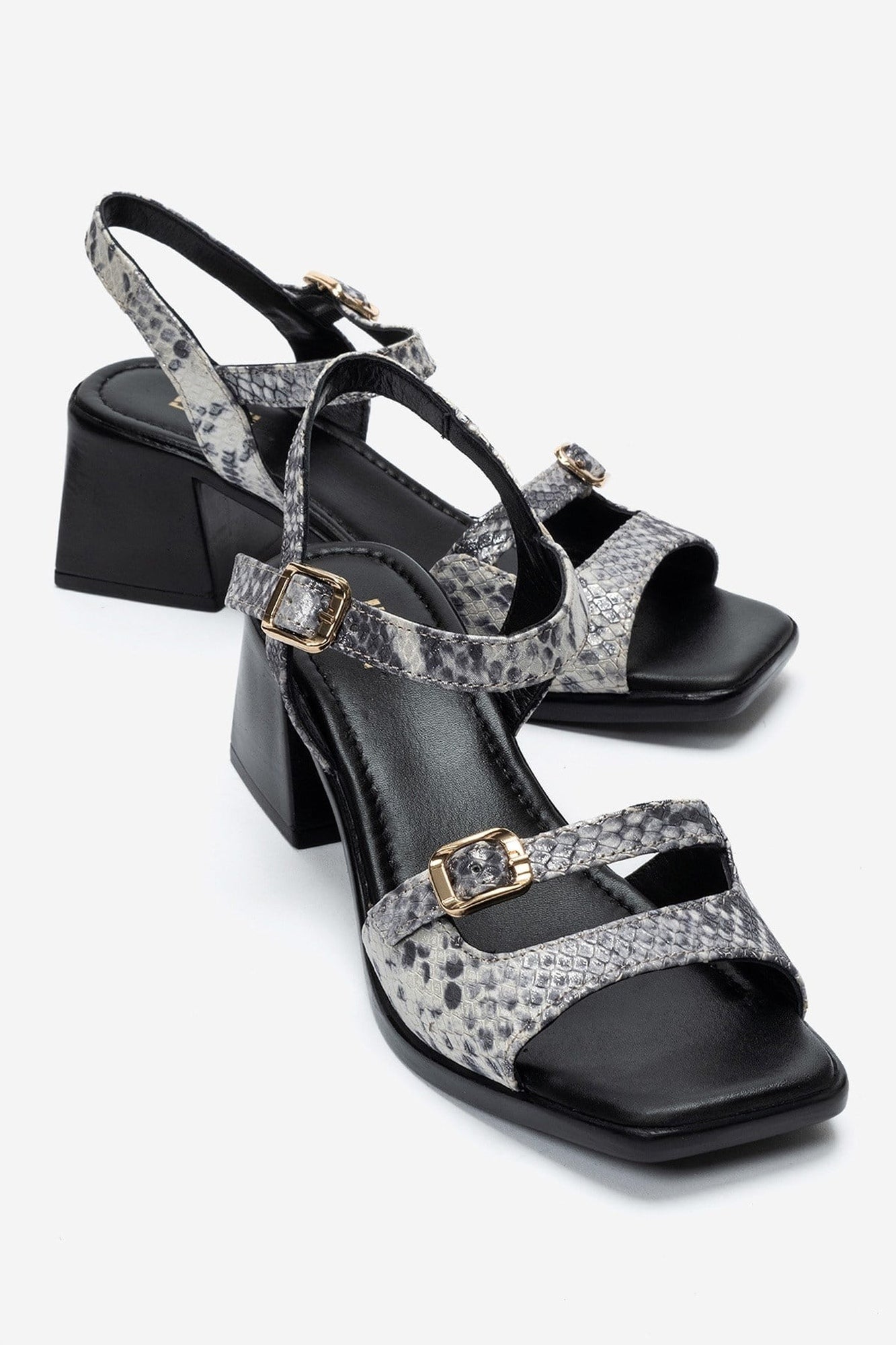 YOLEN - Black Patterned Genuine Leather Block Heel Sandal (Women)