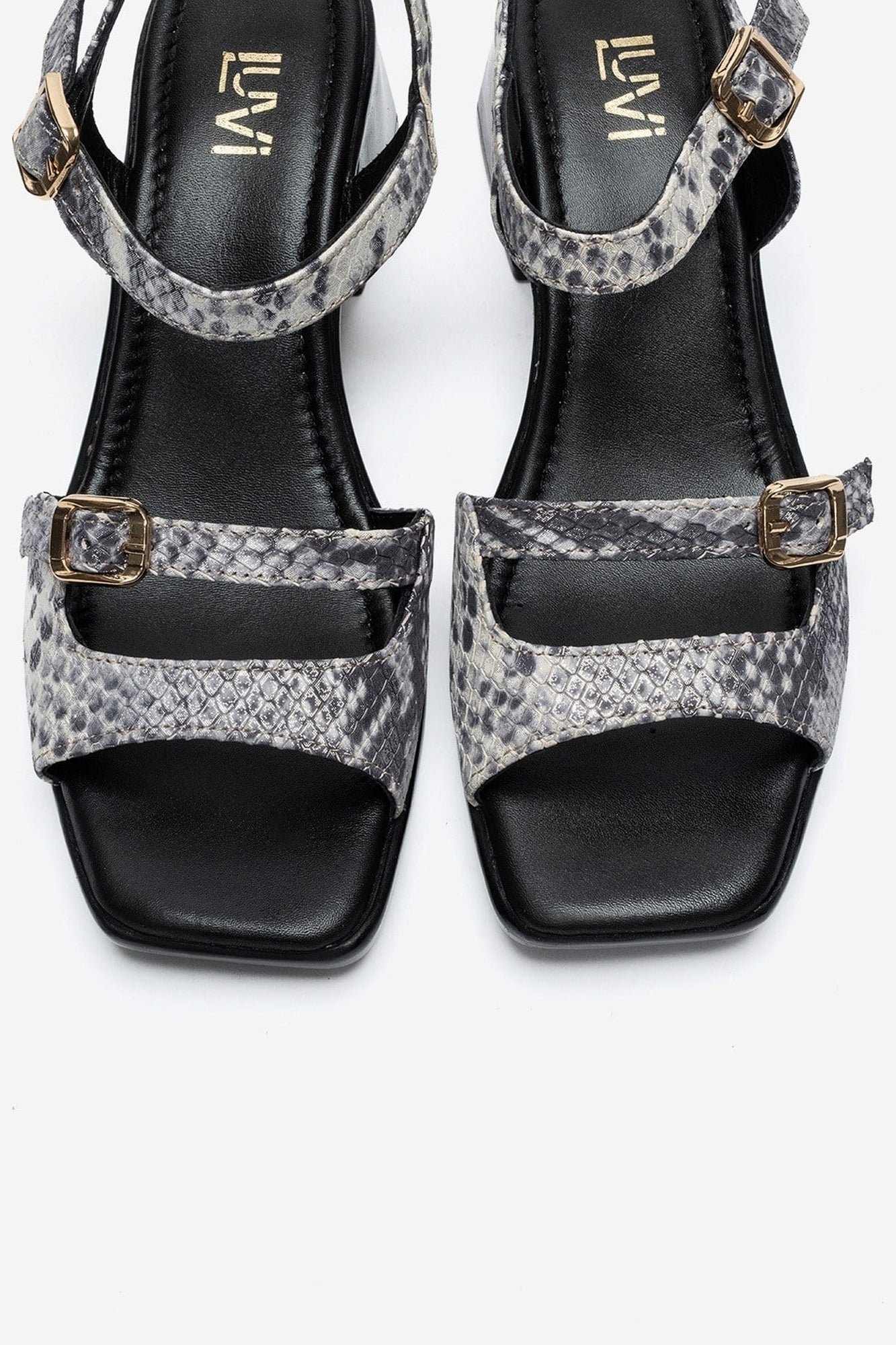 YOLEN - Black Patterned Genuine Leather Block Heel Sandal (Women)