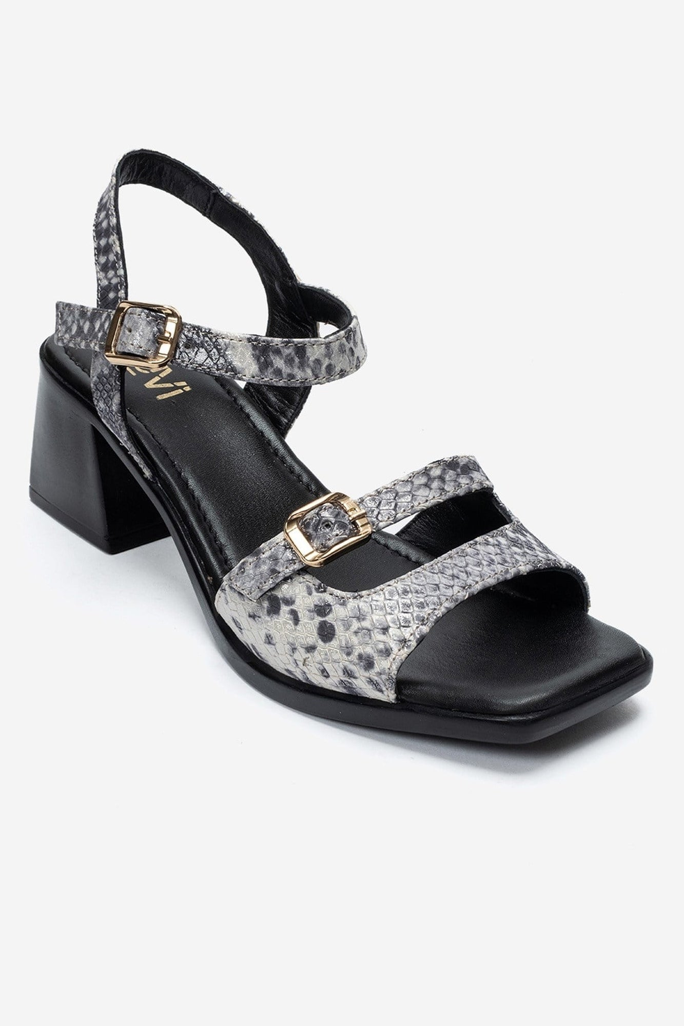 YOLEN - Black Patterned Genuine Leather Block Heel Sandal (Women)