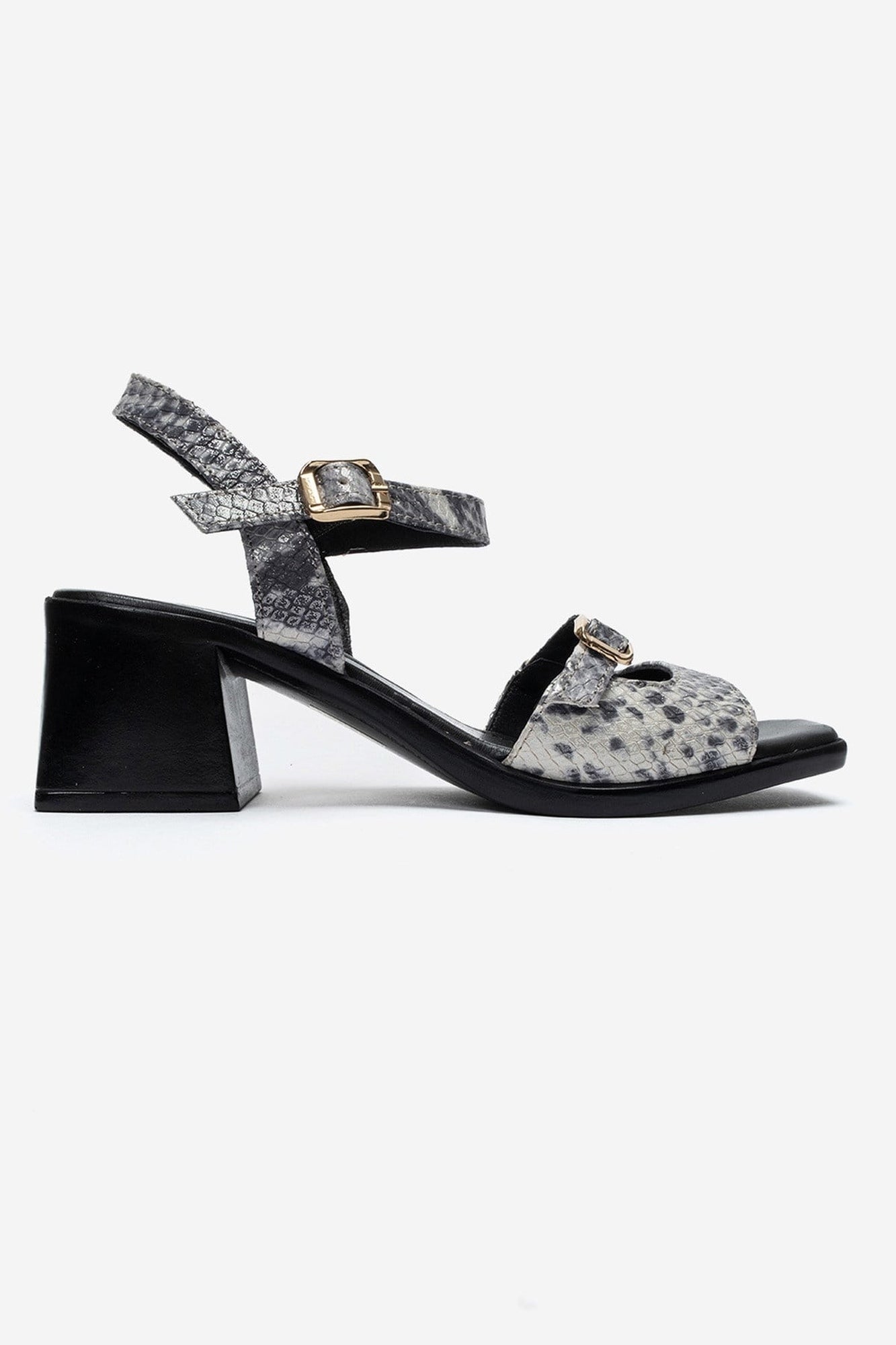 YOLEN - Black Patterned Genuine Leather Block Heel Sandal (Women)