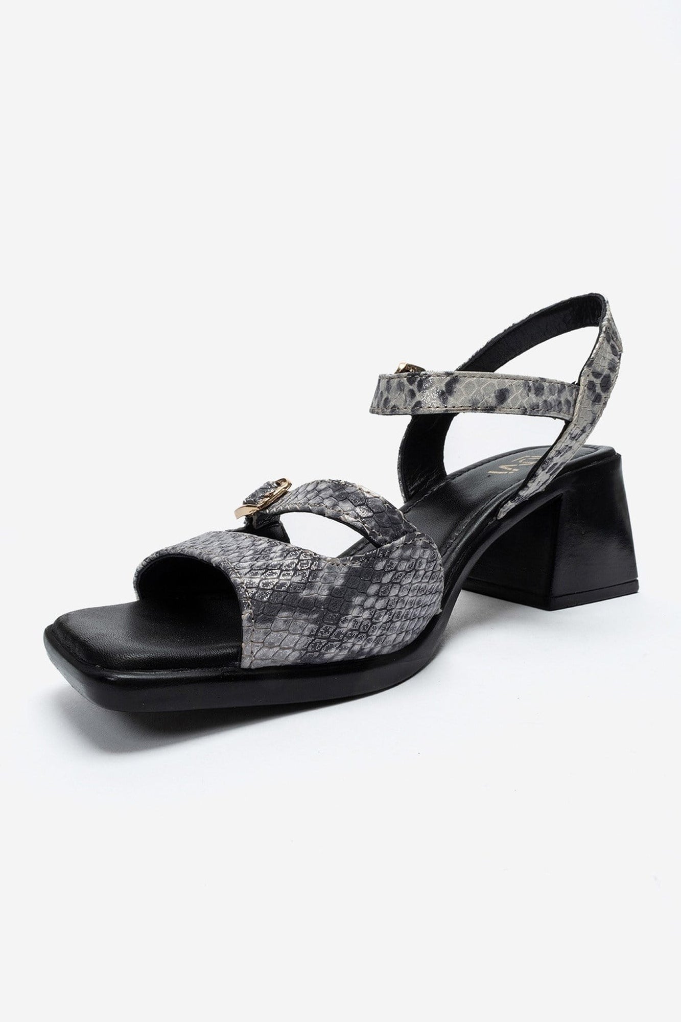 YOLEN - Black Patterned Genuine Leather Block Heel Sandal (Women)