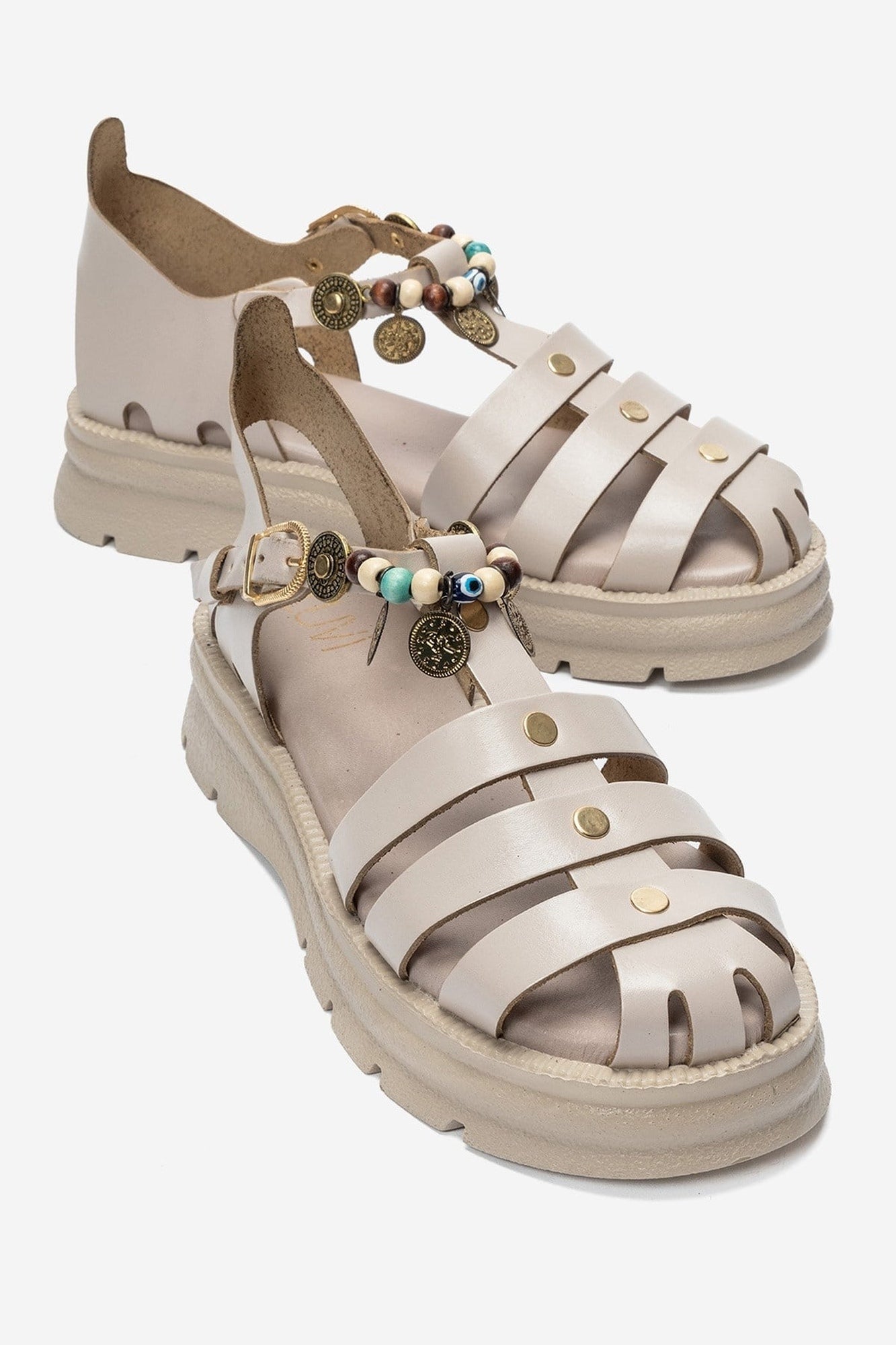 SOLIS - Cream Genuine Leather Beaded Sandal (Women)
