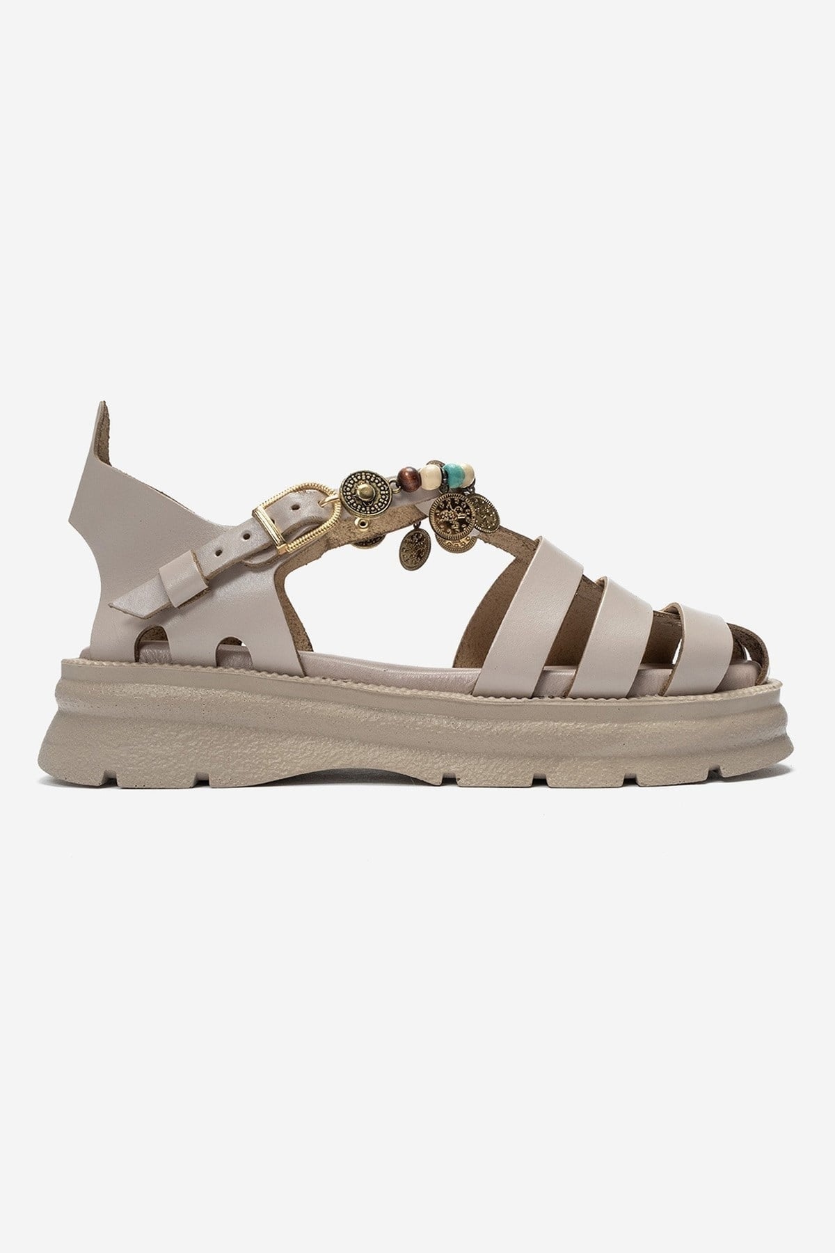 SOLIS - Cream Genuine Leather Beaded Sandal (Women)