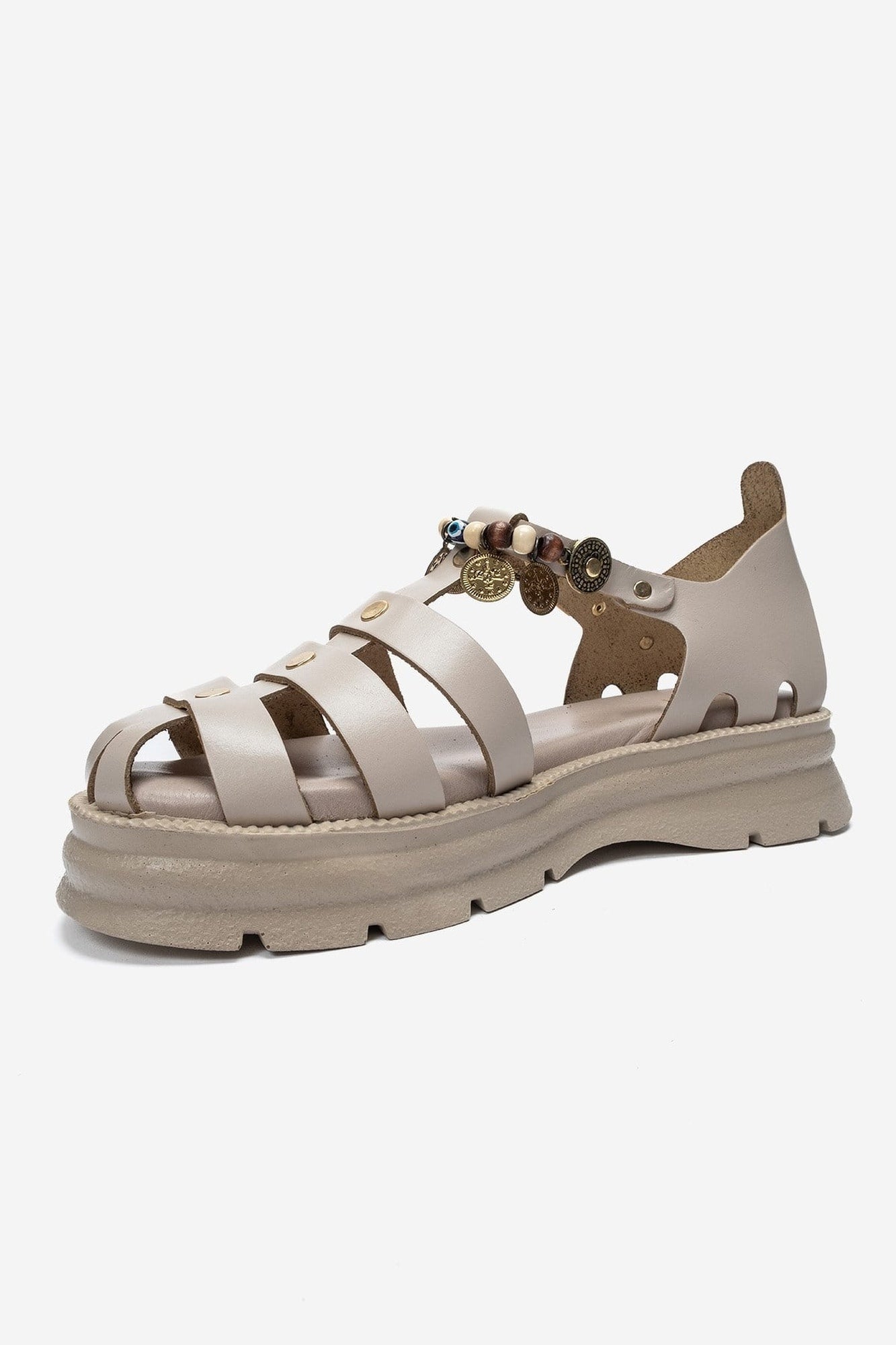 SOLIS - Cream Genuine Leather Beaded Sandal (Women)