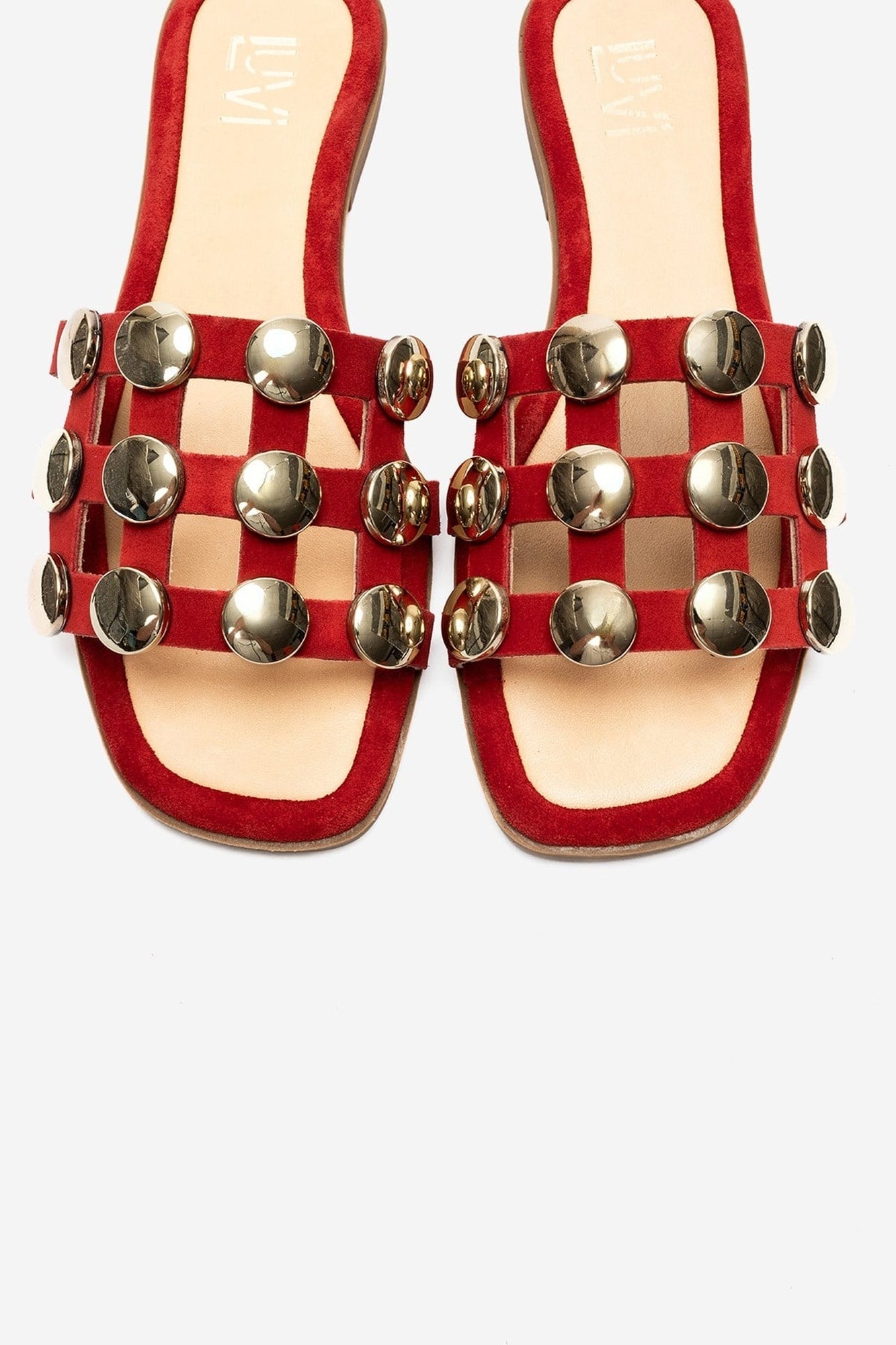 BAREON - Red Genuine Leather Slide With Gold Buckle (Women)