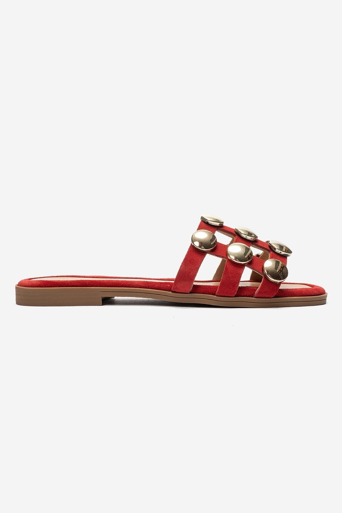 BAREON - Red Genuine Leather Slide With Gold Buckle (Women)