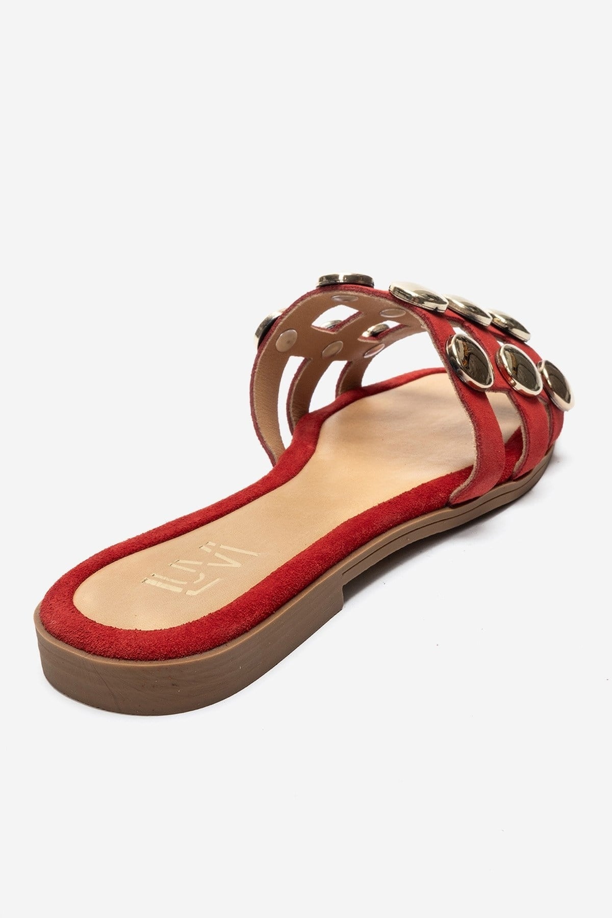 BAREON - Red Genuine Leather Slide With Gold Buckle (Women)