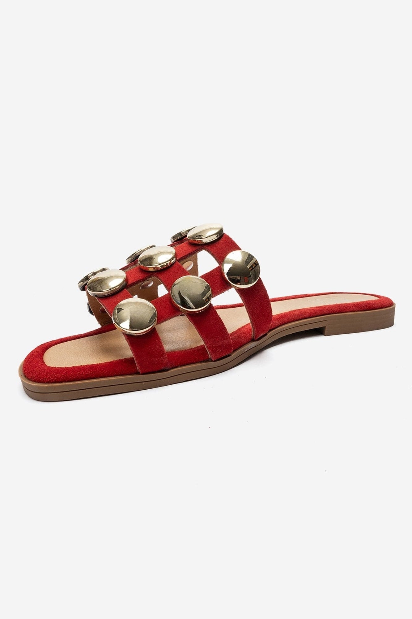 BAREON - Red Genuine Leather Slide With Gold Buckle (Women)