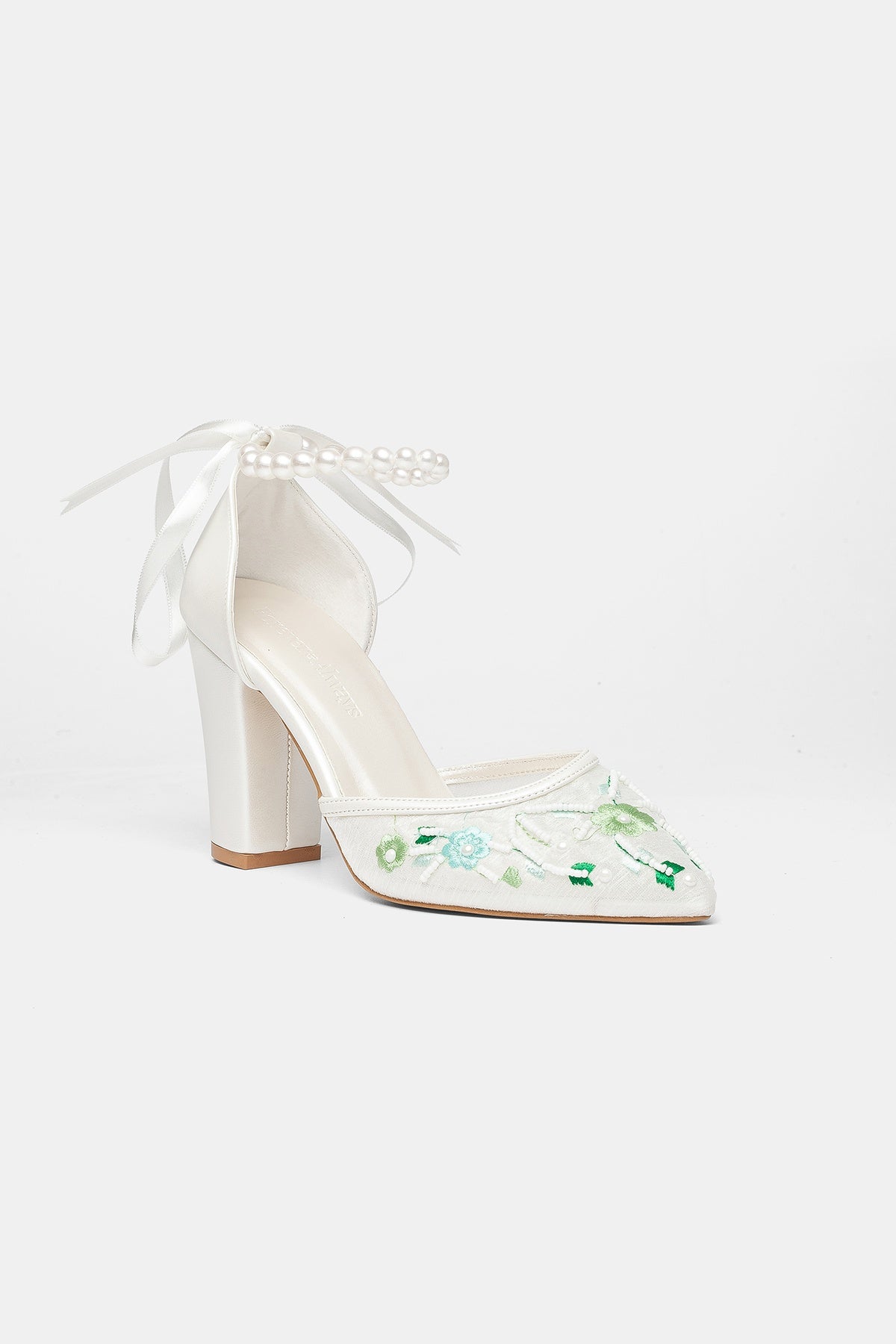 Lorraine - Ivory With Green Flowers Pearl Strap Wedding Shoes