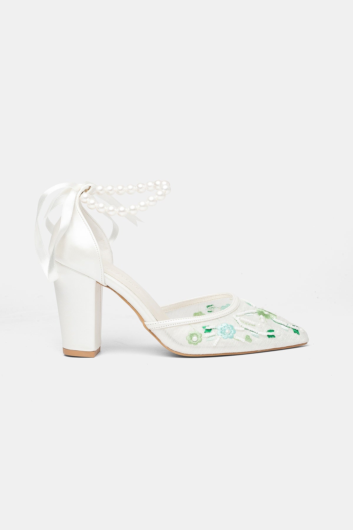 Lorraine - Ivory With Green Flowers Pearl Strap Wedding Shoes