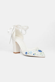 Lorraine - Ivory With Blue Flowers Pearl Strap Wedding Shoes