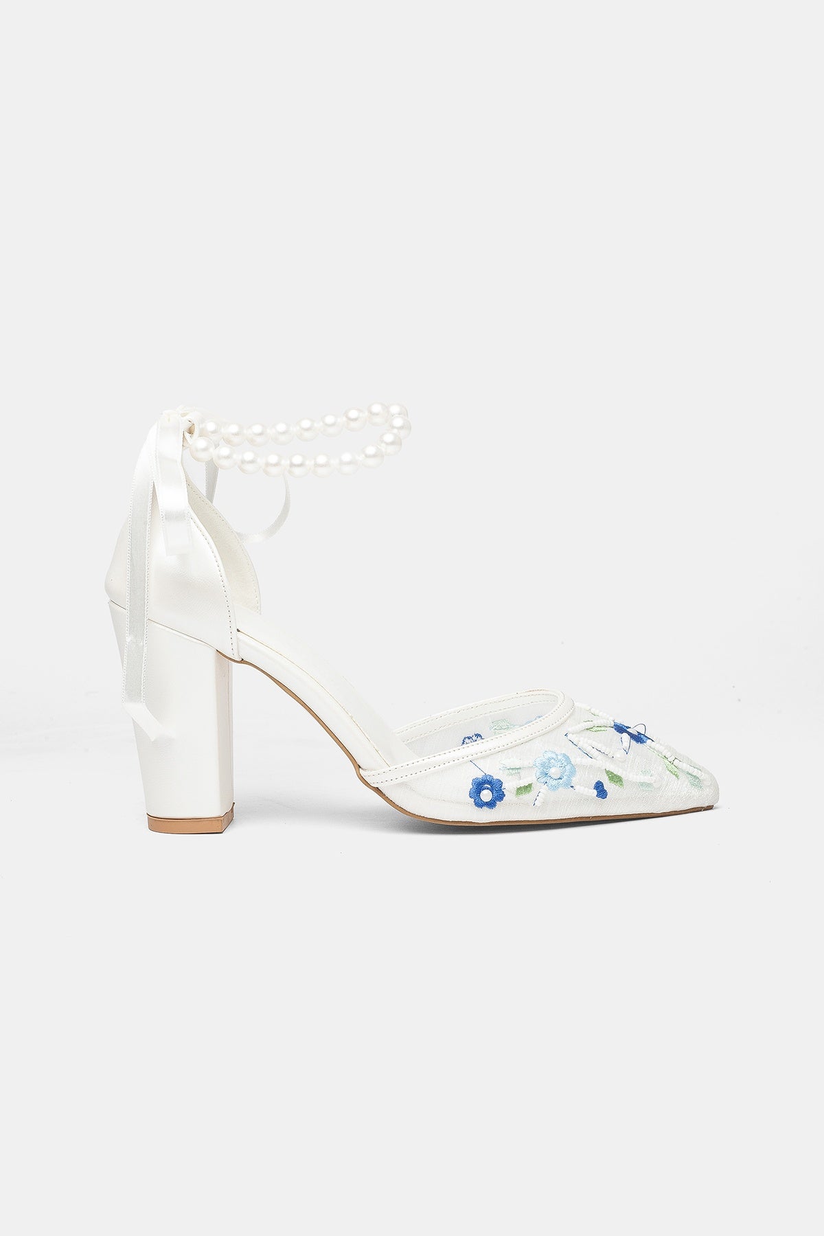 Lorraine - Ivory With Blue Flowers Pearl Strap Wedding Shoes