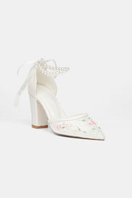 Lorraine - Ivory With Pink Flowers Pearl Strap Wedding Shoes