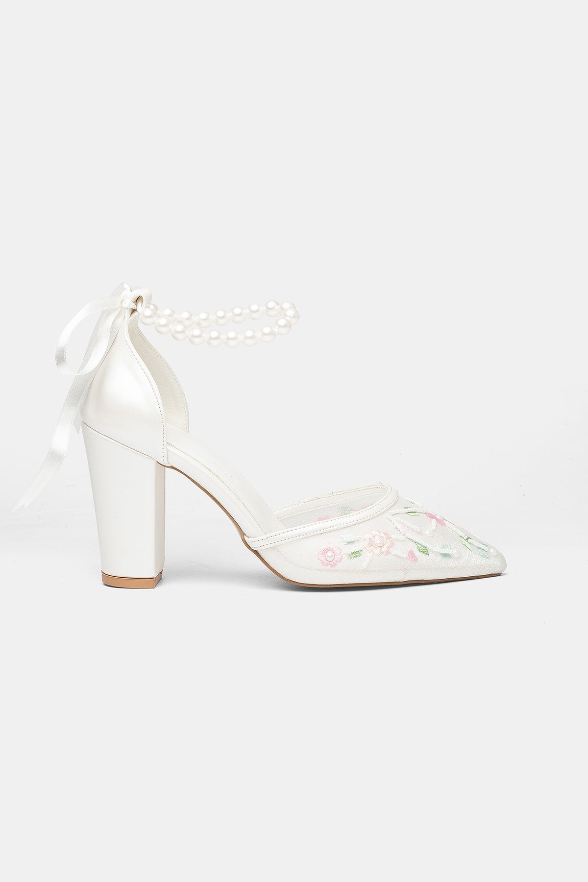 Lorraine - Ivory With Pink Flowers Pearl Strap Wedding Shoes