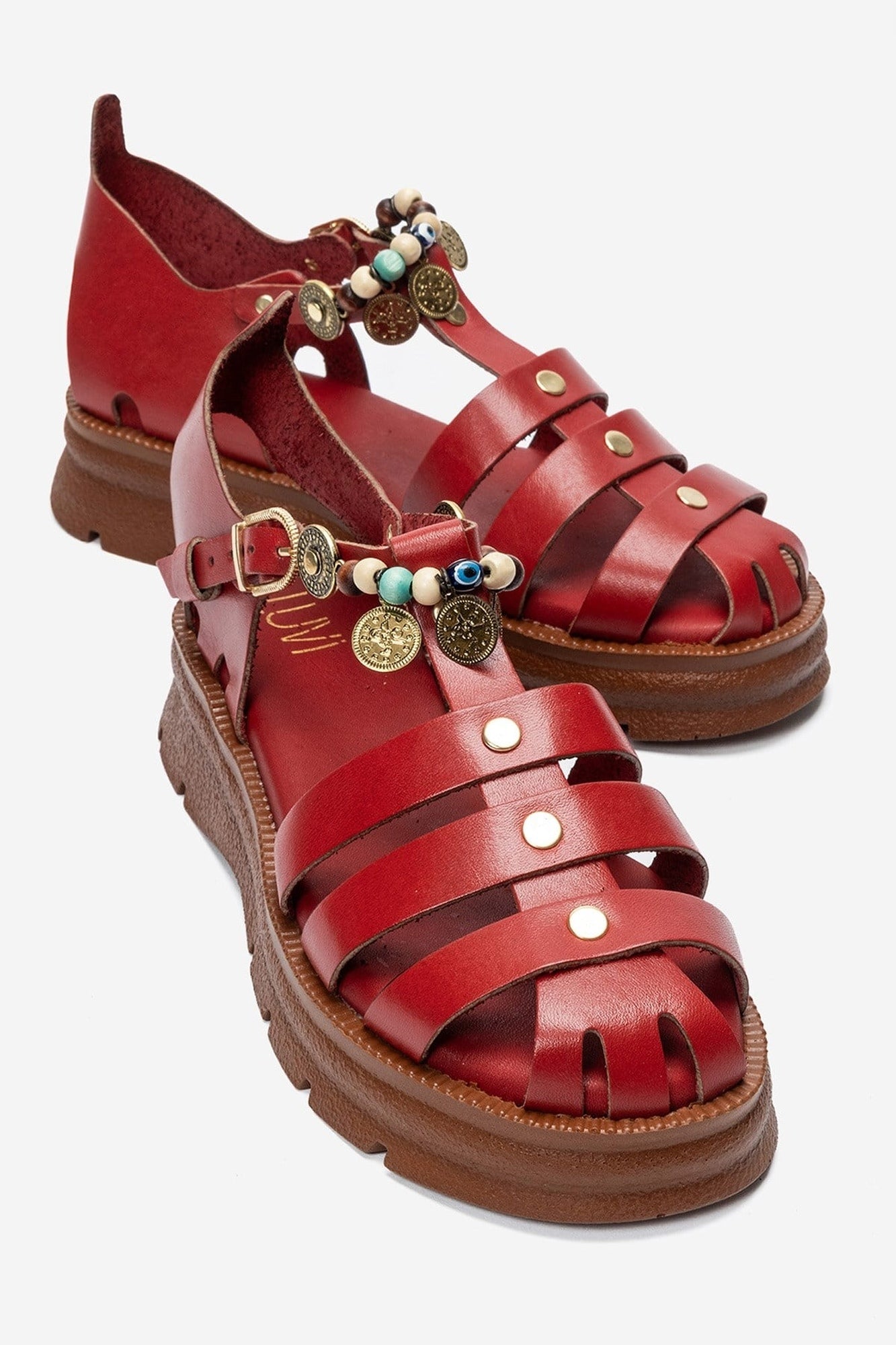 SOLIS - Red Genuine Leather Beaded Sandal (Women)