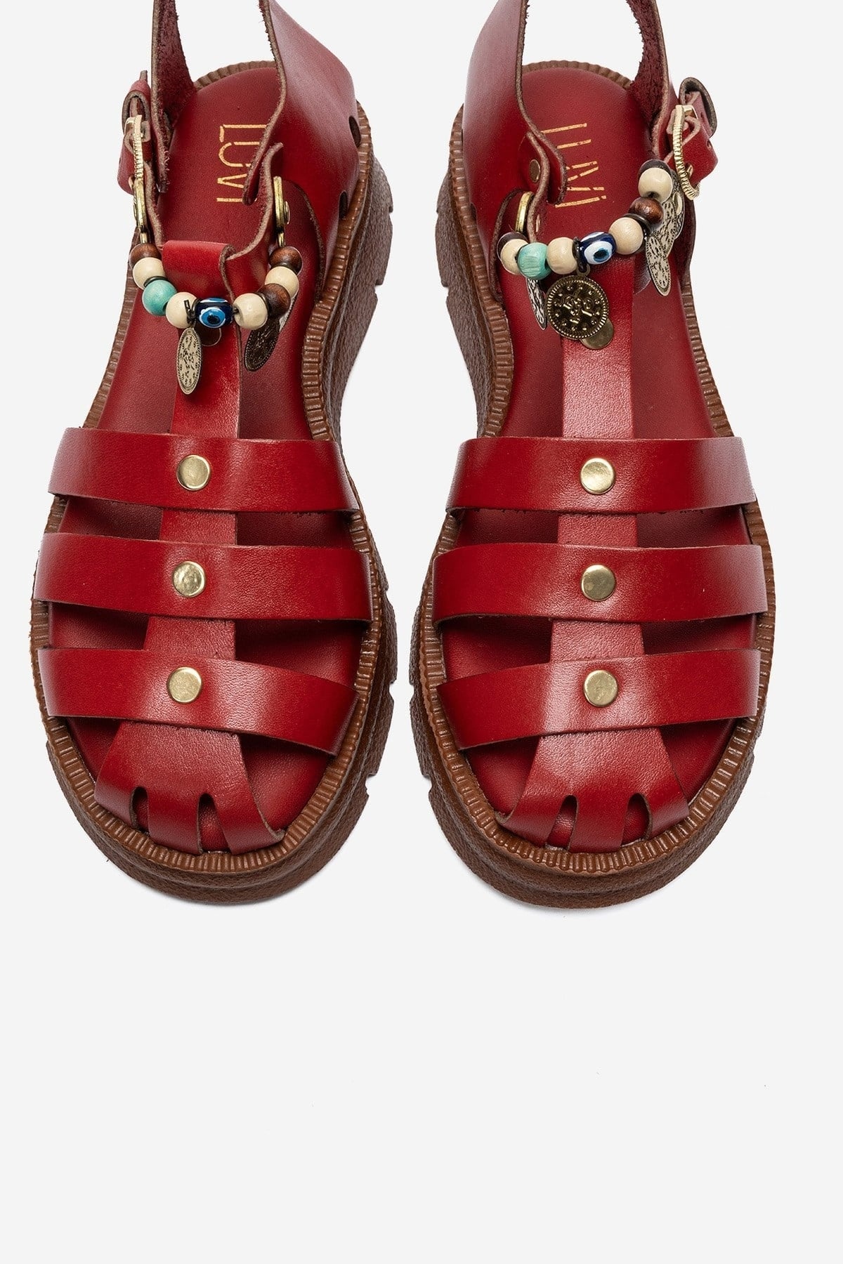 SOLIS - Red Genuine Leather Beaded Sandal (Women)