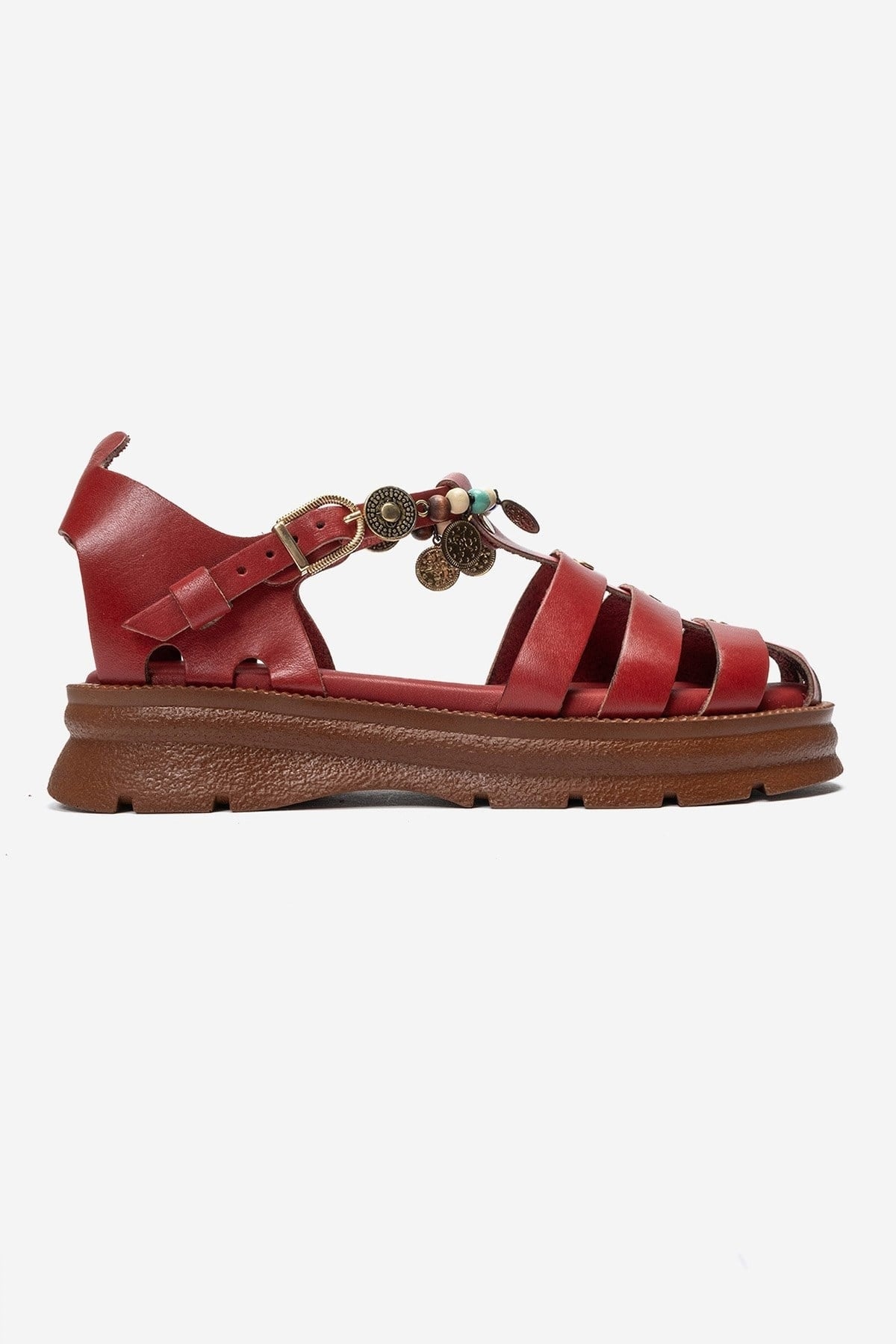 SOLIS - Red Genuine Leather Beaded Sandal (Women)